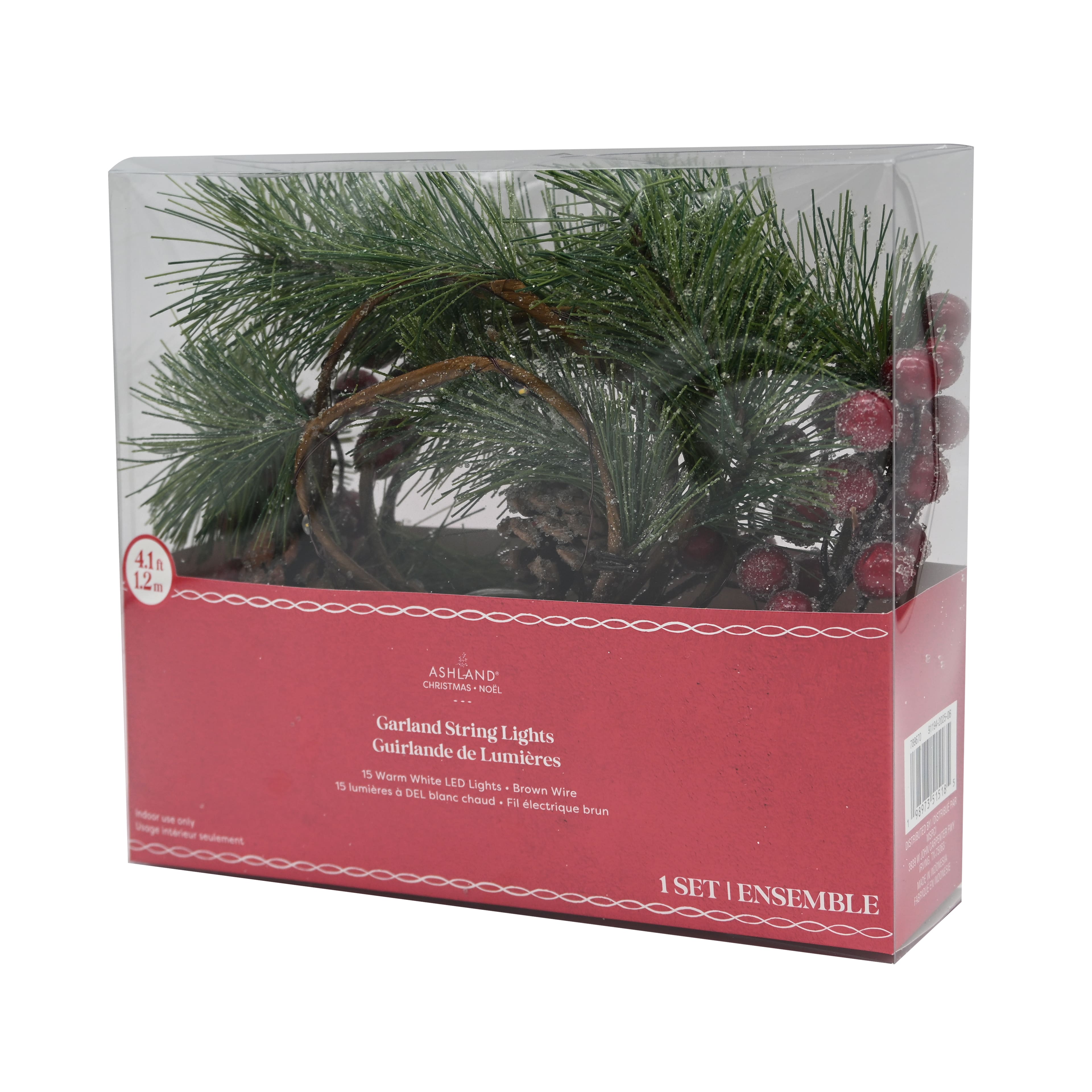 15ct. Warm White LED Iced Pine & Red Berry Garland String Lights on Brown Wire by Ashland®