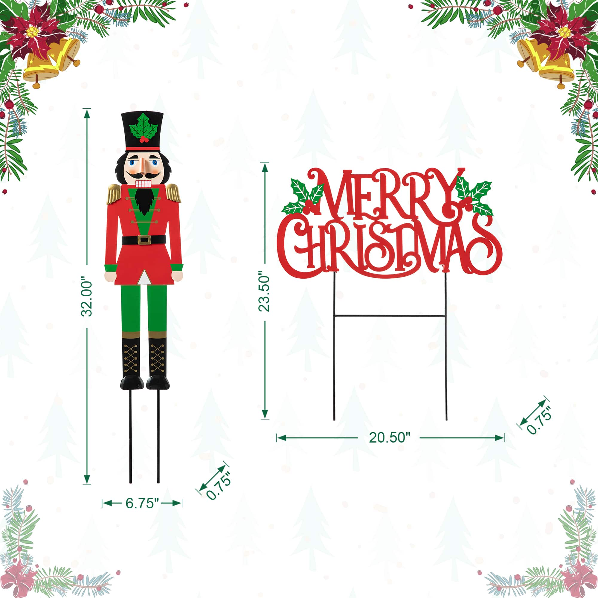 Glitzhome&#xAE; Metal Nutcrackers &#x26; &#x22;MERRY CHRISTMAS&#x22; Yard Stake Set