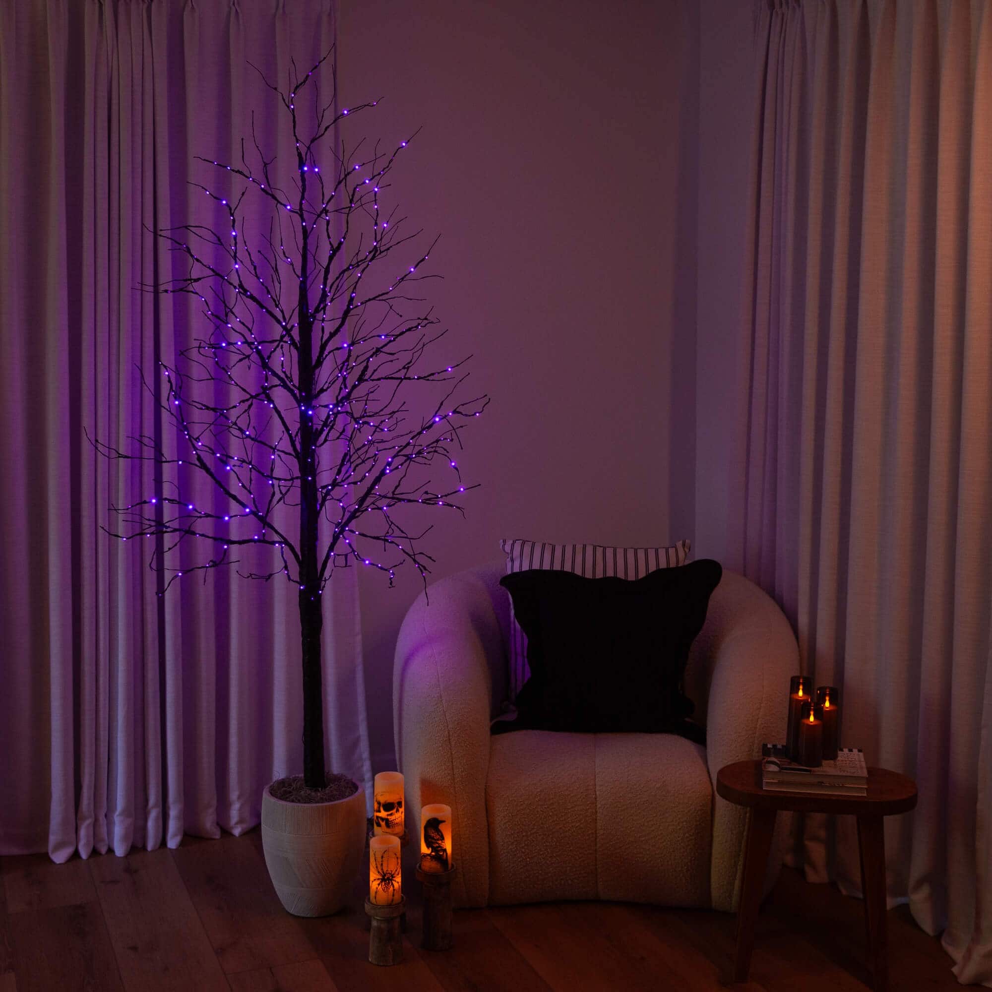 7ft. Pre-Lit Halloween Black Twig Artificial Tree with 390 Orange & Purple LED Lights