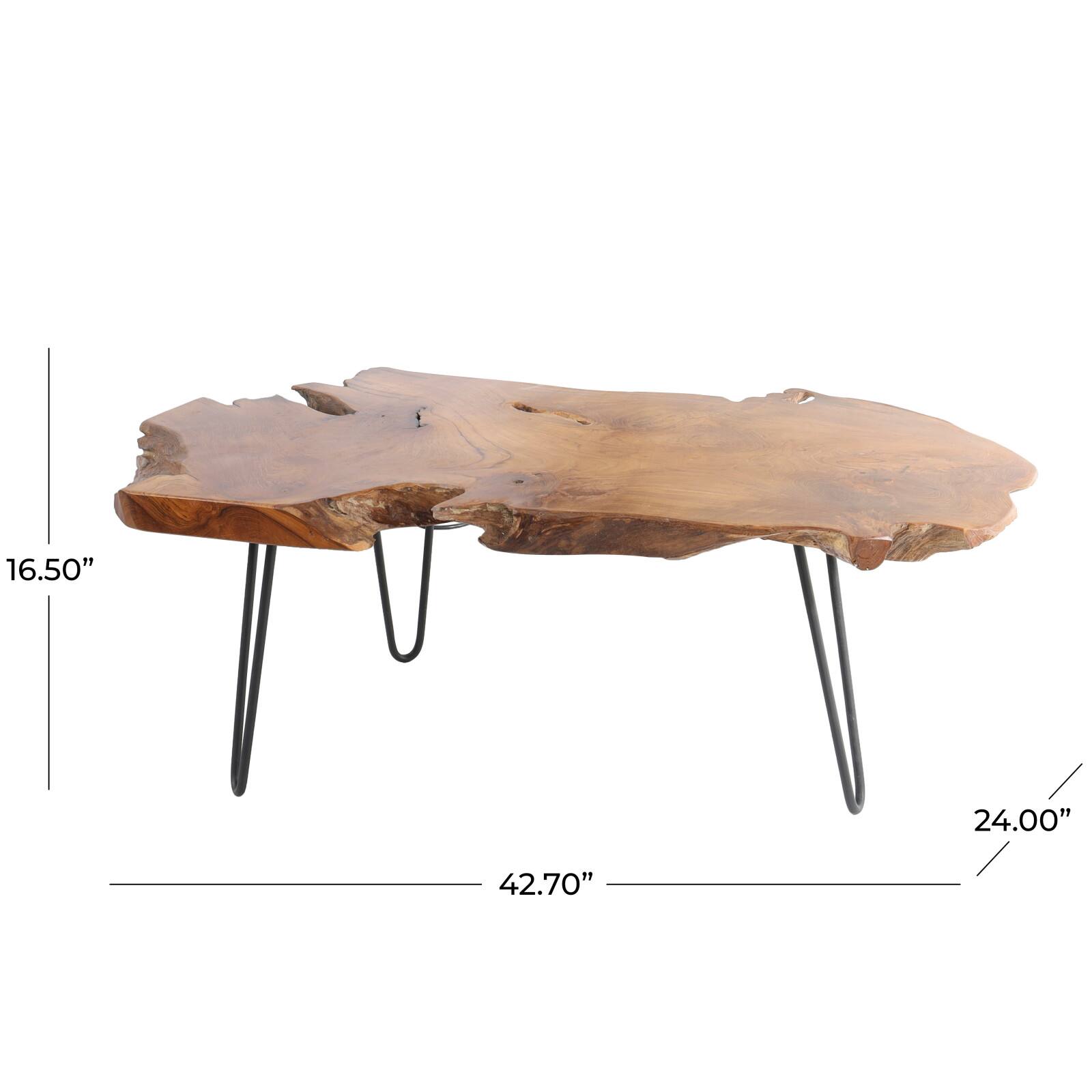 43&#x22; Brown Teak Wood Handmade Live Edge Coffee Table with Black Metal Hairpin Legs