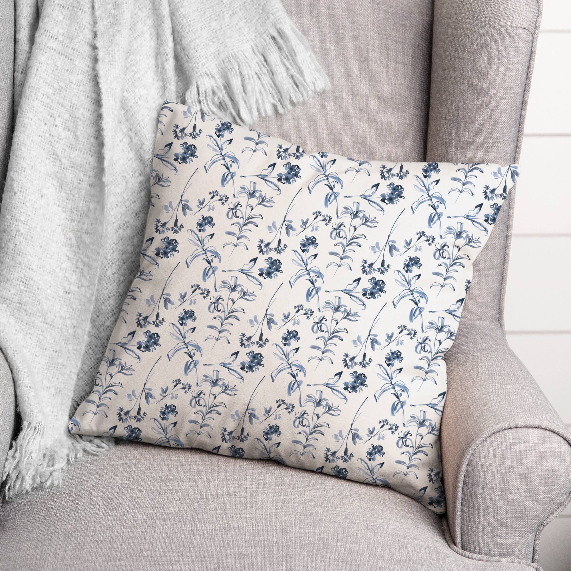 Blue Floral Pattern 18&#x22; x 18&#x22; Throw Pillow