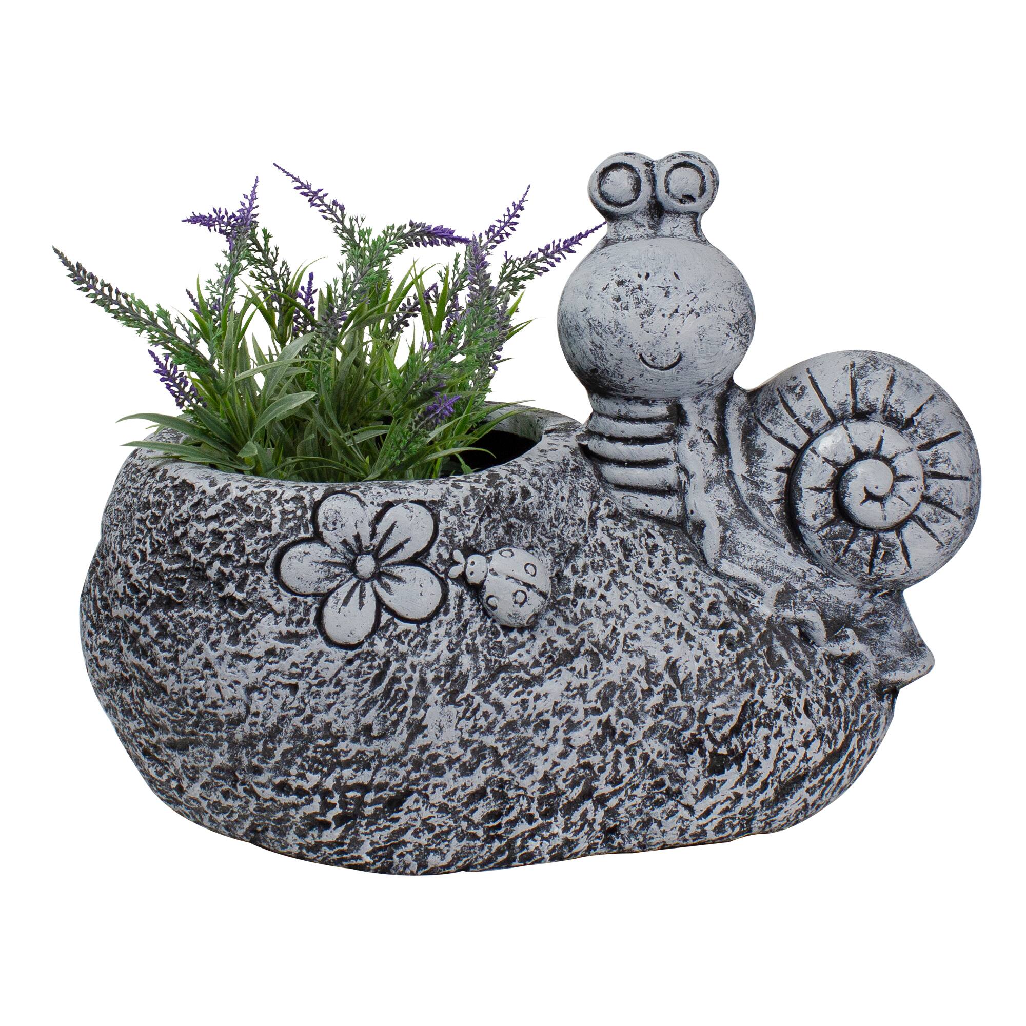 15.5" Gray Snail, Flower, & Ladybug Outdoor Garden Planter