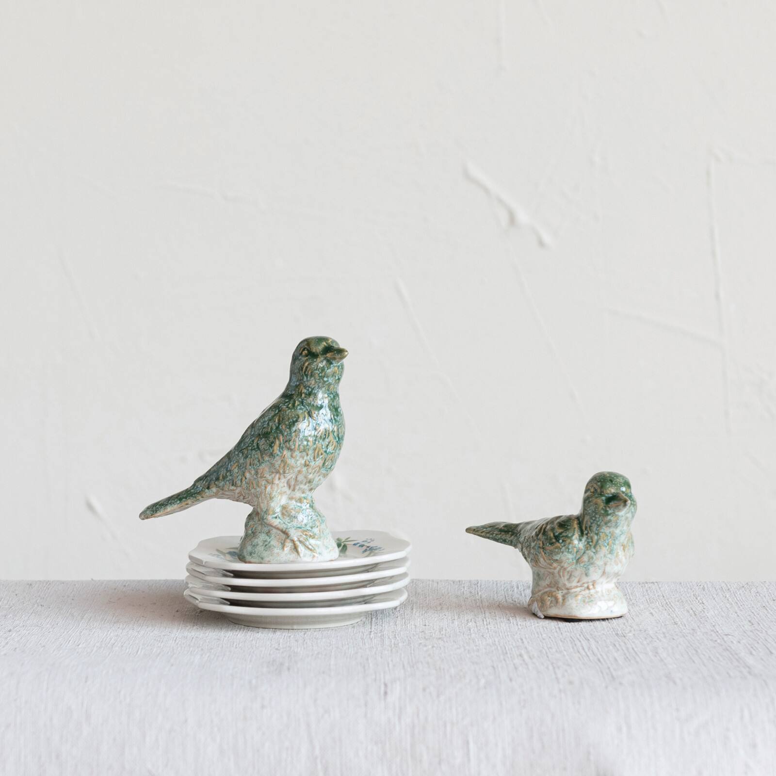 Hello Honey&#xAE; Green Debossed Ceramic Bird Figurines Set