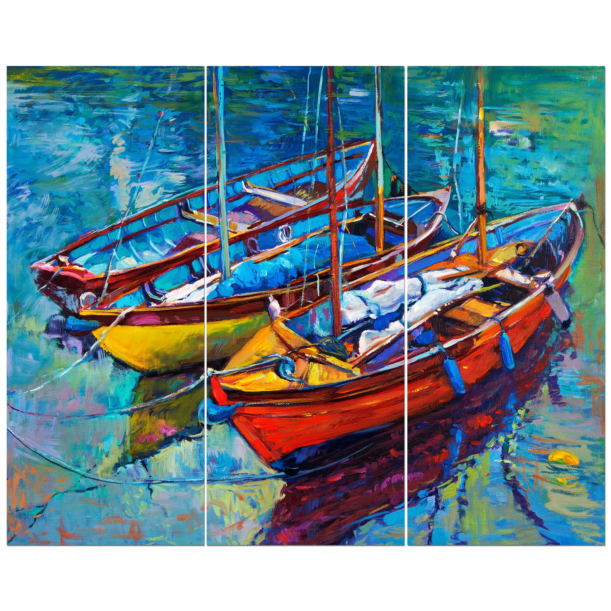 Designart - Three Fishing Boat Oil Painting - Sea & Shore Painting Print on Wrapped Canvas set