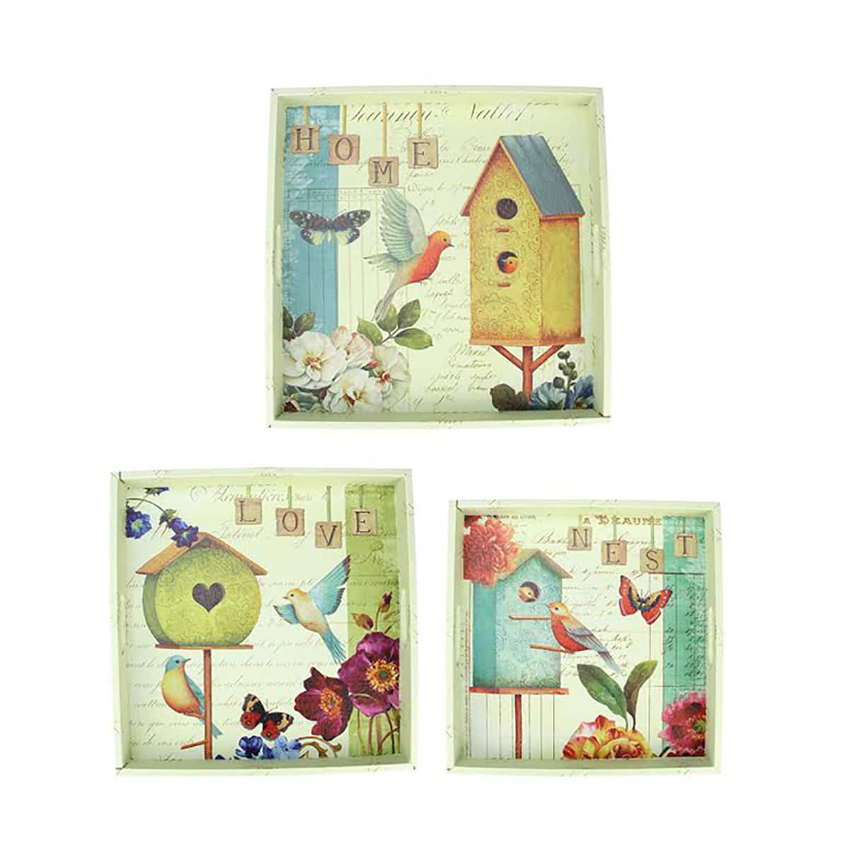 White & Mustard Yellow Birdhouse Garden Theme Square Serving Tray Set