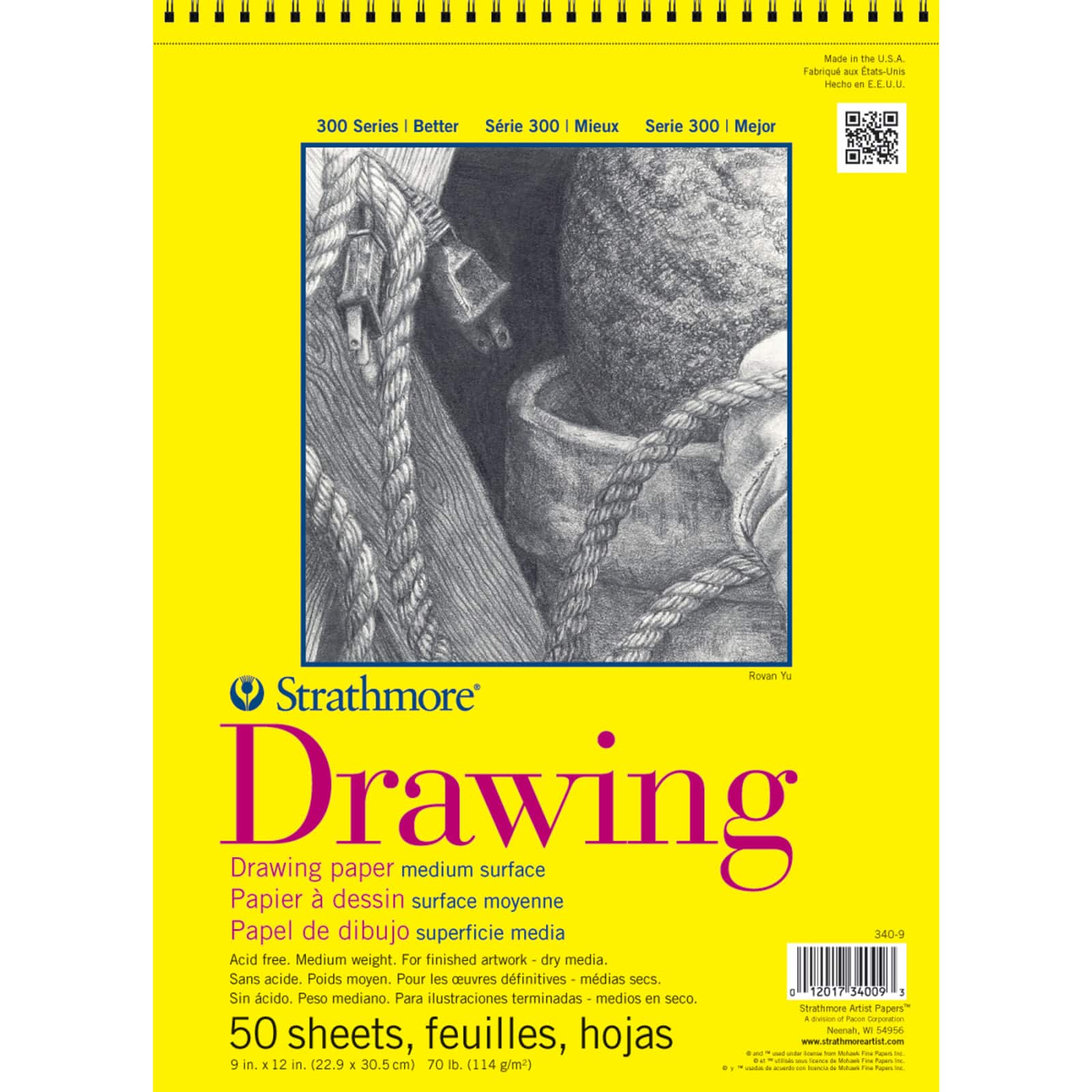 Strathmore Drawing Paper Pad, 300 Series, 50 Sheets, Spiral-Bound, 9&#x22; x 12&#x22;