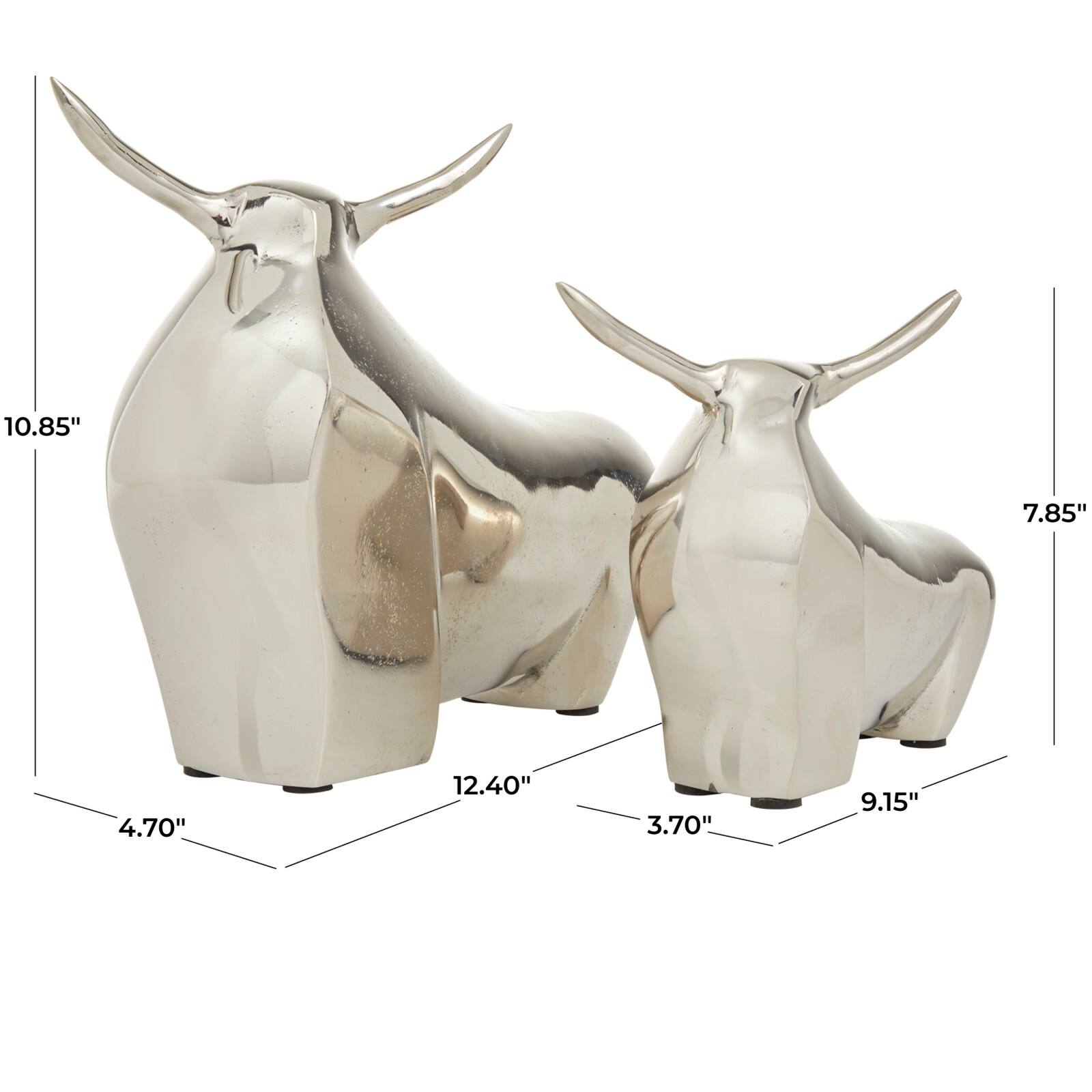 Silver Aluminum Contemporary Bulls Sculpture, Set of 2" 11", 8"