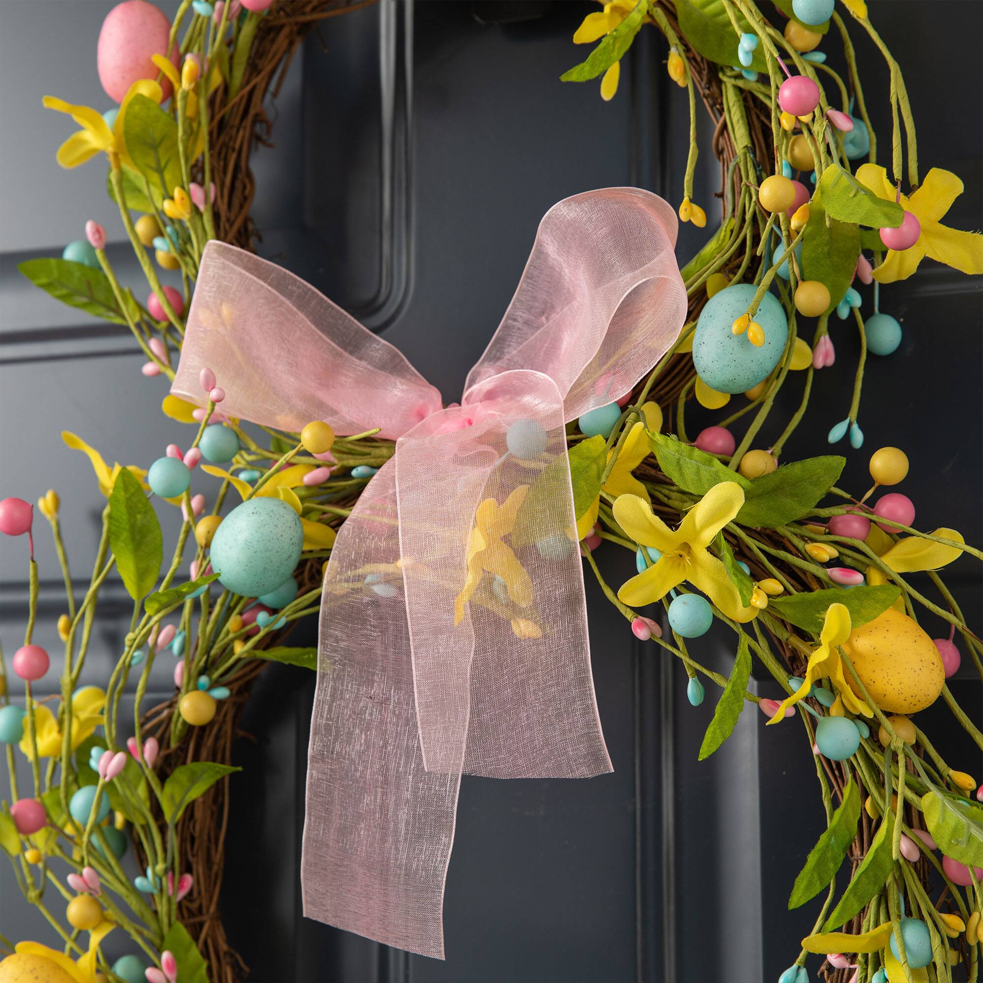 Glitzhome® 25" Easter Bunny Shaped Wreath with Eggs & Satin Ribbon Bow