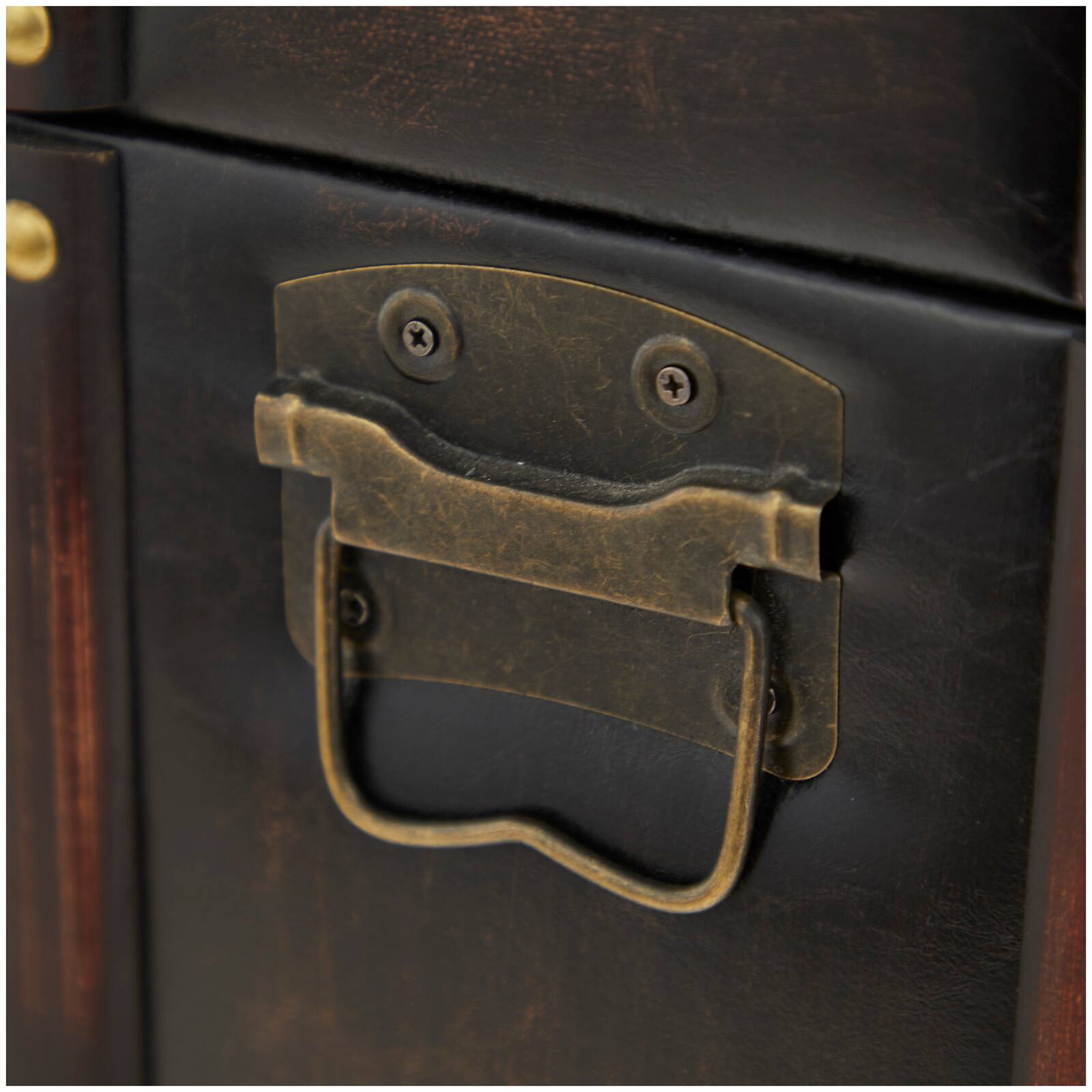 Dark Brown Faux Leather Studded Trunk with Latches & Handles Set