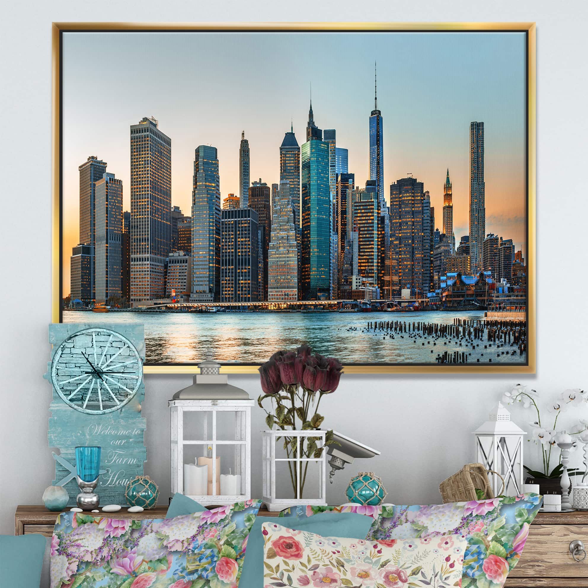 Designart - New York City Skyline - Photography Framed Canvas Art Print