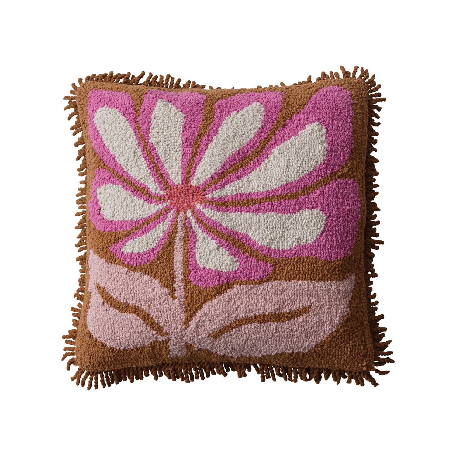 18&#x22; Pink &#x26; Natural Flower Punch Hook Pillow with Fringe