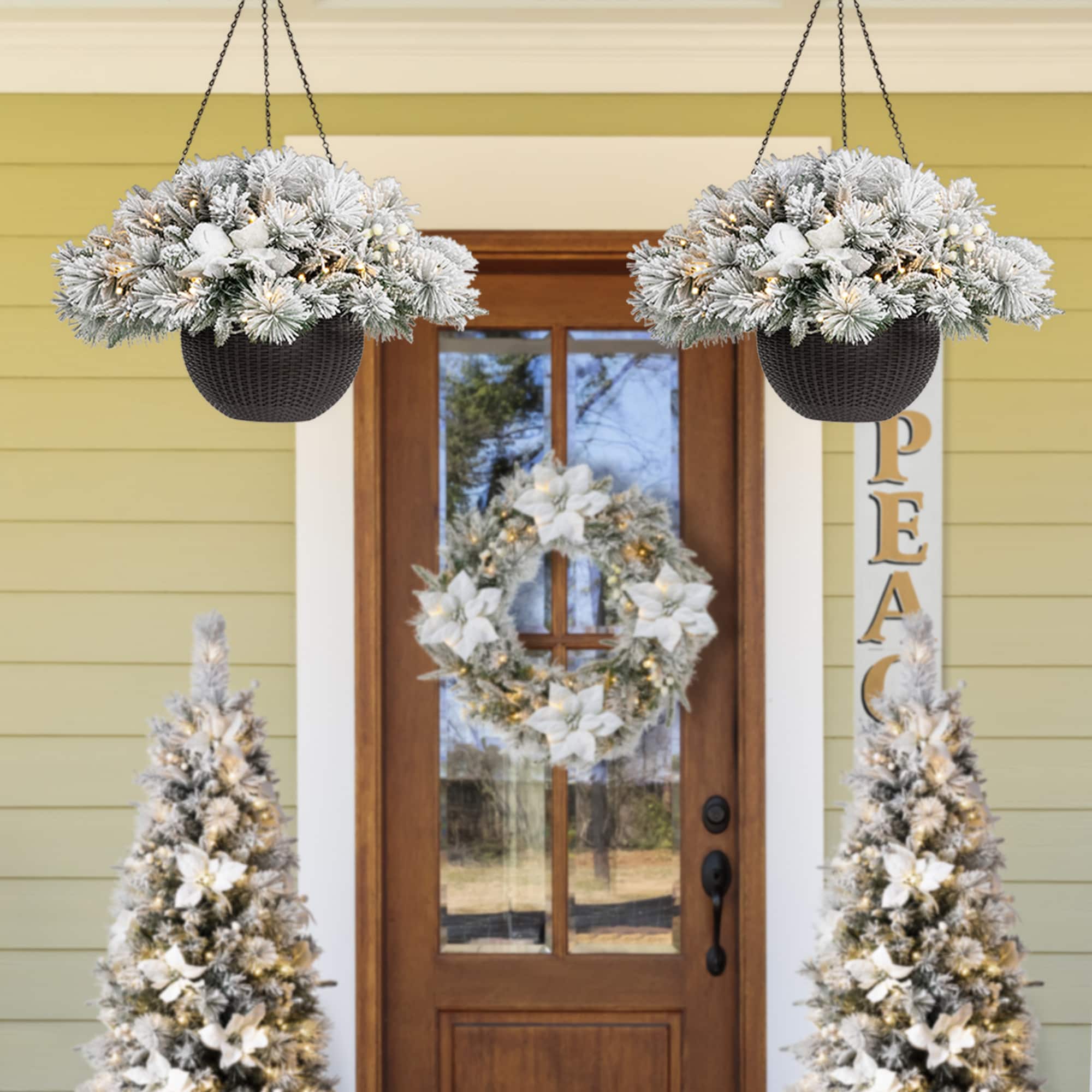 Glitzhome® 24'' Pre-Lit Snow Flocked Christmas Artificial Pine Poinsettia Hanging Baskets, 2ct.