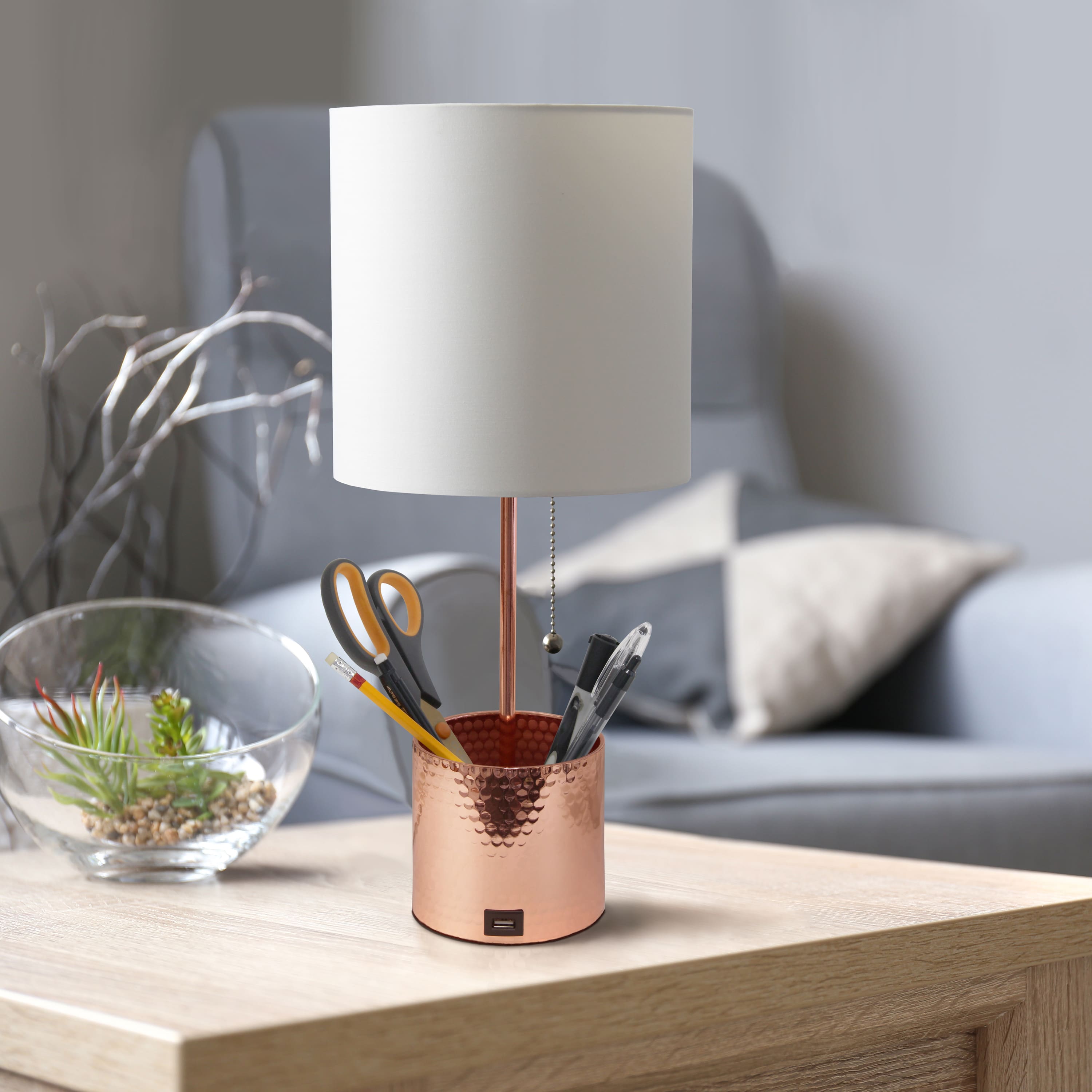 Simple Designs 18.5&#x22; Hammered Metal Container Base Table Lamp with USB Charging Port