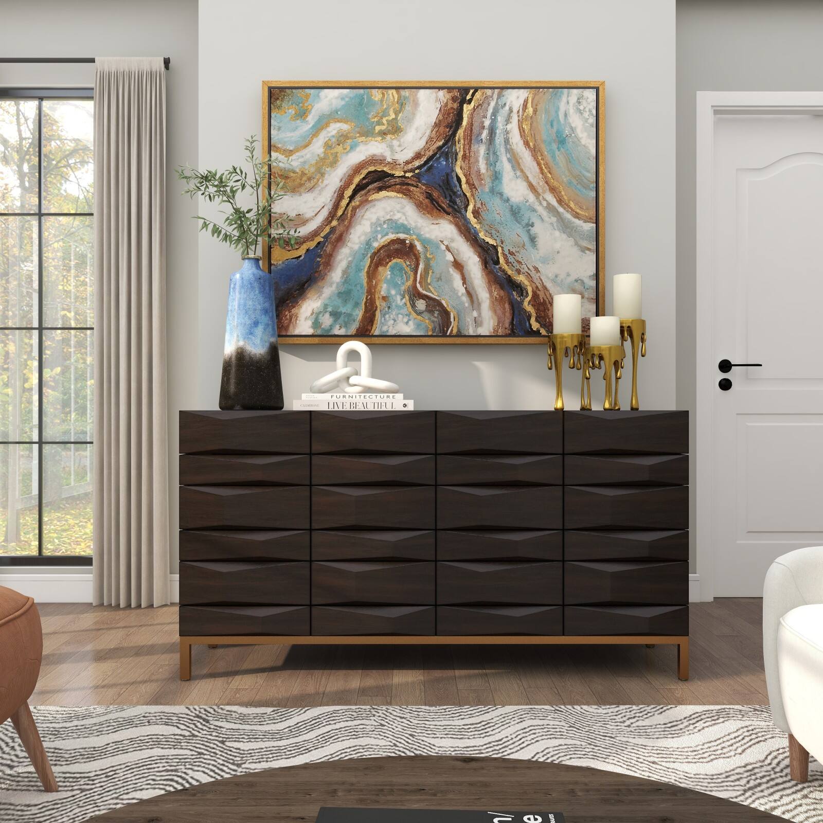 20" Blue Glass Galaxy Inspired Abstract Vase with Gold Top