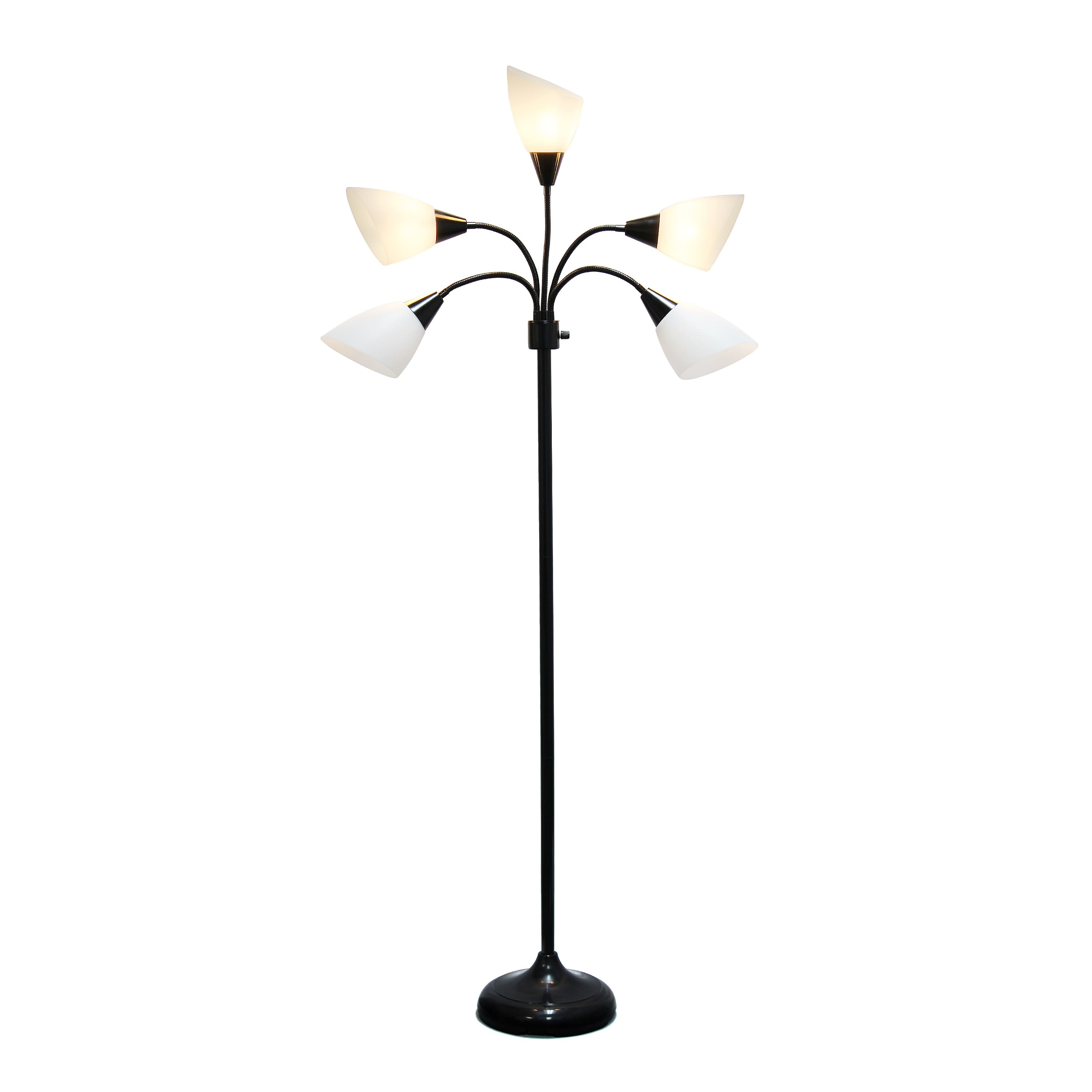 Simple Designs&#x2122; 5.5ft. 5-Light Gooseneck Black Floor Lamp with White Shades