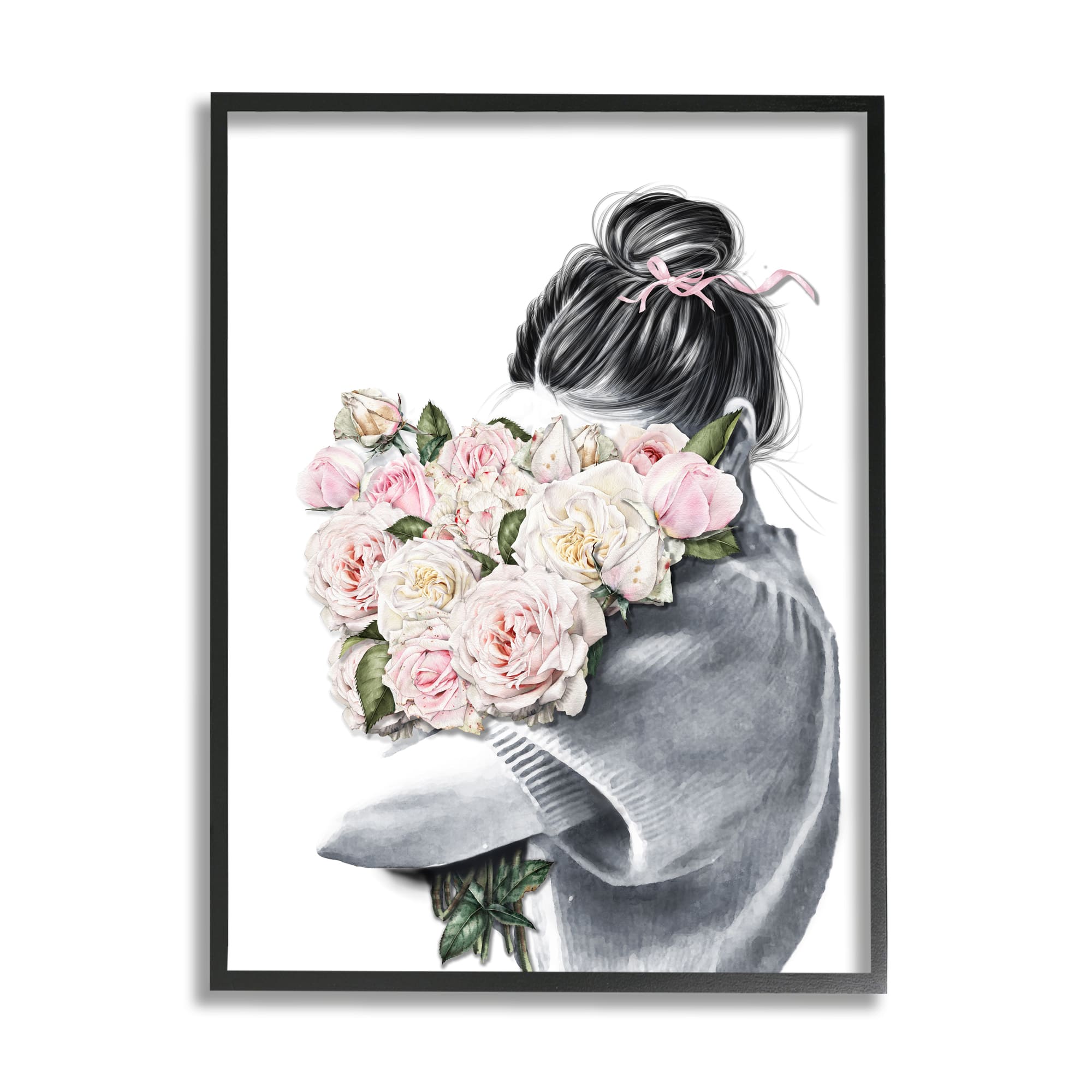 Stupell Industries Woman Smelling Bouquet Pink Pop Rose Florals in Black Frame Wall Art