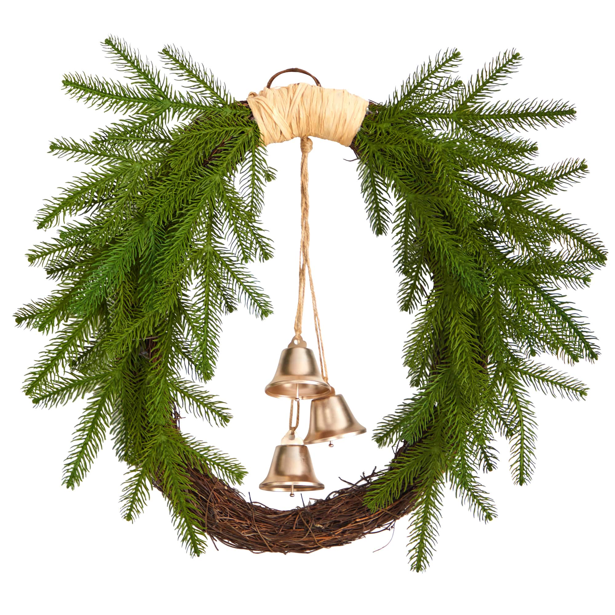 24&#x22; Holiday Christmas Pine And Hanging Bells Wreath