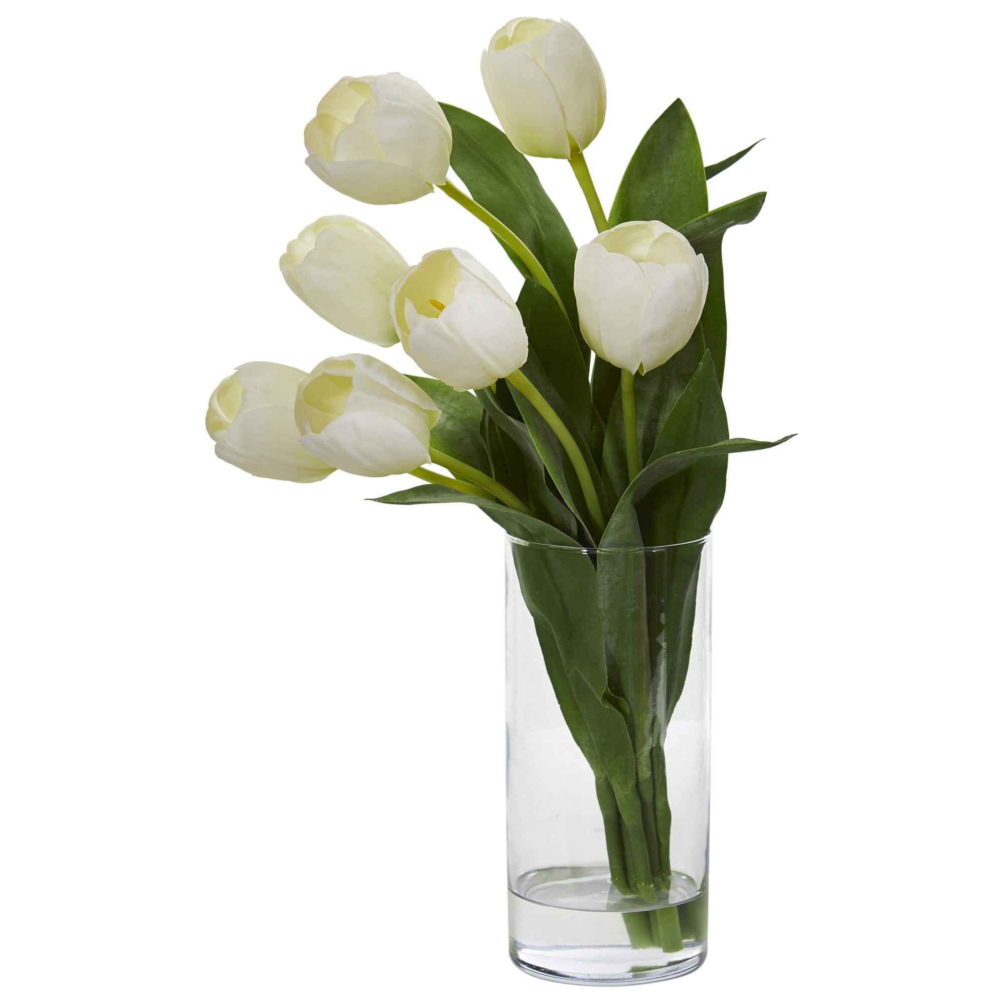 16" White Tulip Arrangement In Cylinder Vase