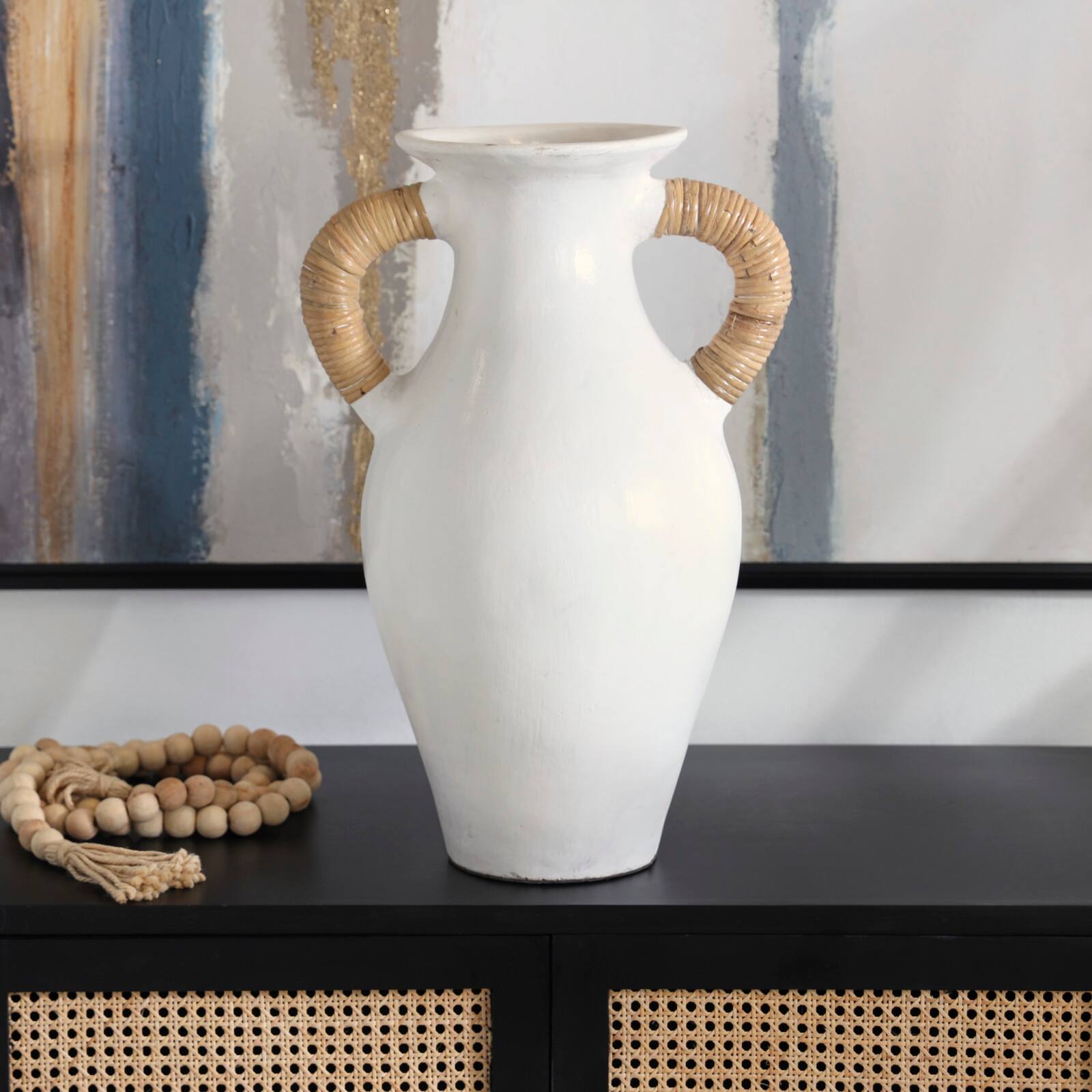 21" White Ceramic Jug Vase with Rattan Wrapped Handles