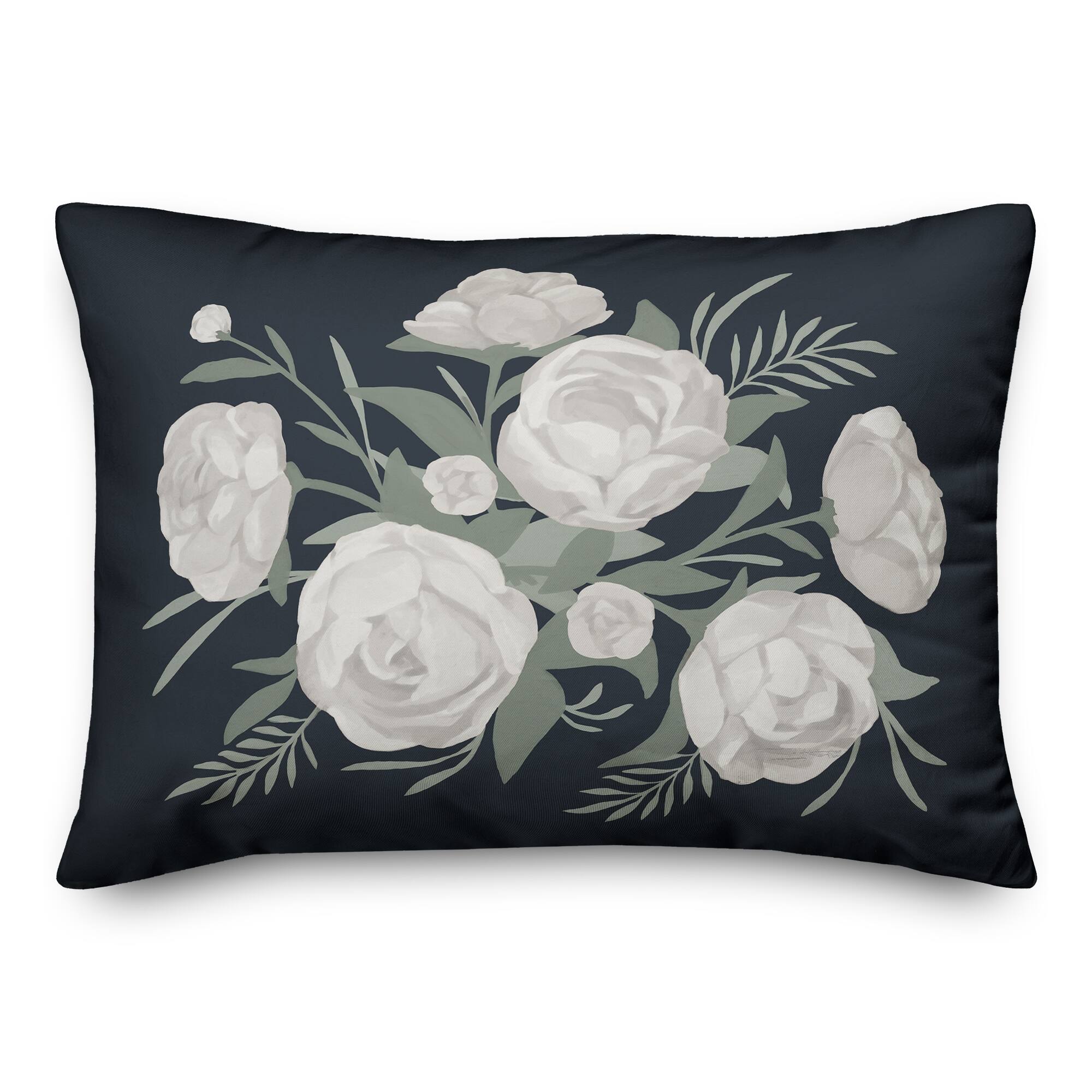 White Flowers On Navy 20" x 14" Throw Pillow