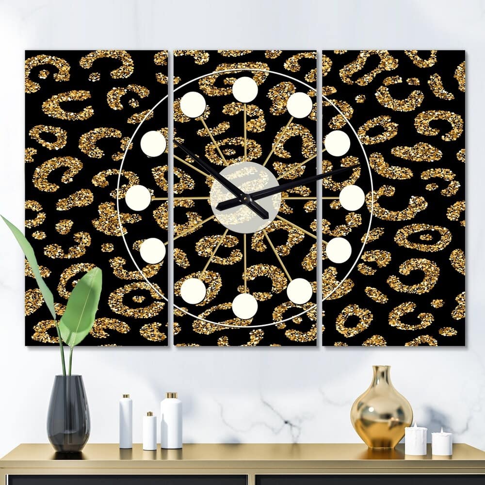 Designart Golden Leopard Fur Oversized Mid-Century Modern 3 Panel Wall Clock