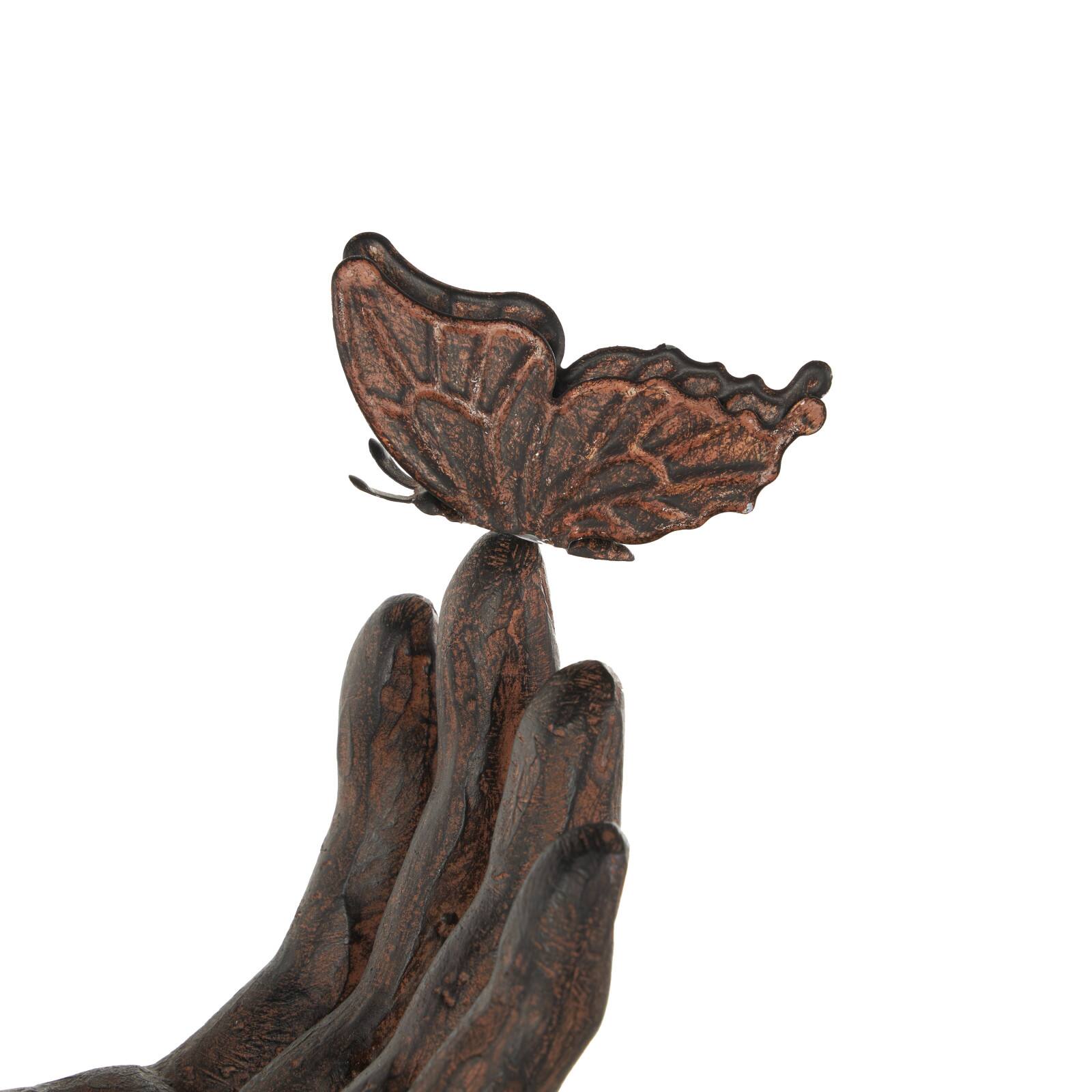 14.25" Dark Brown Hands Raised Decorative Sculpture with Butterfly Accents