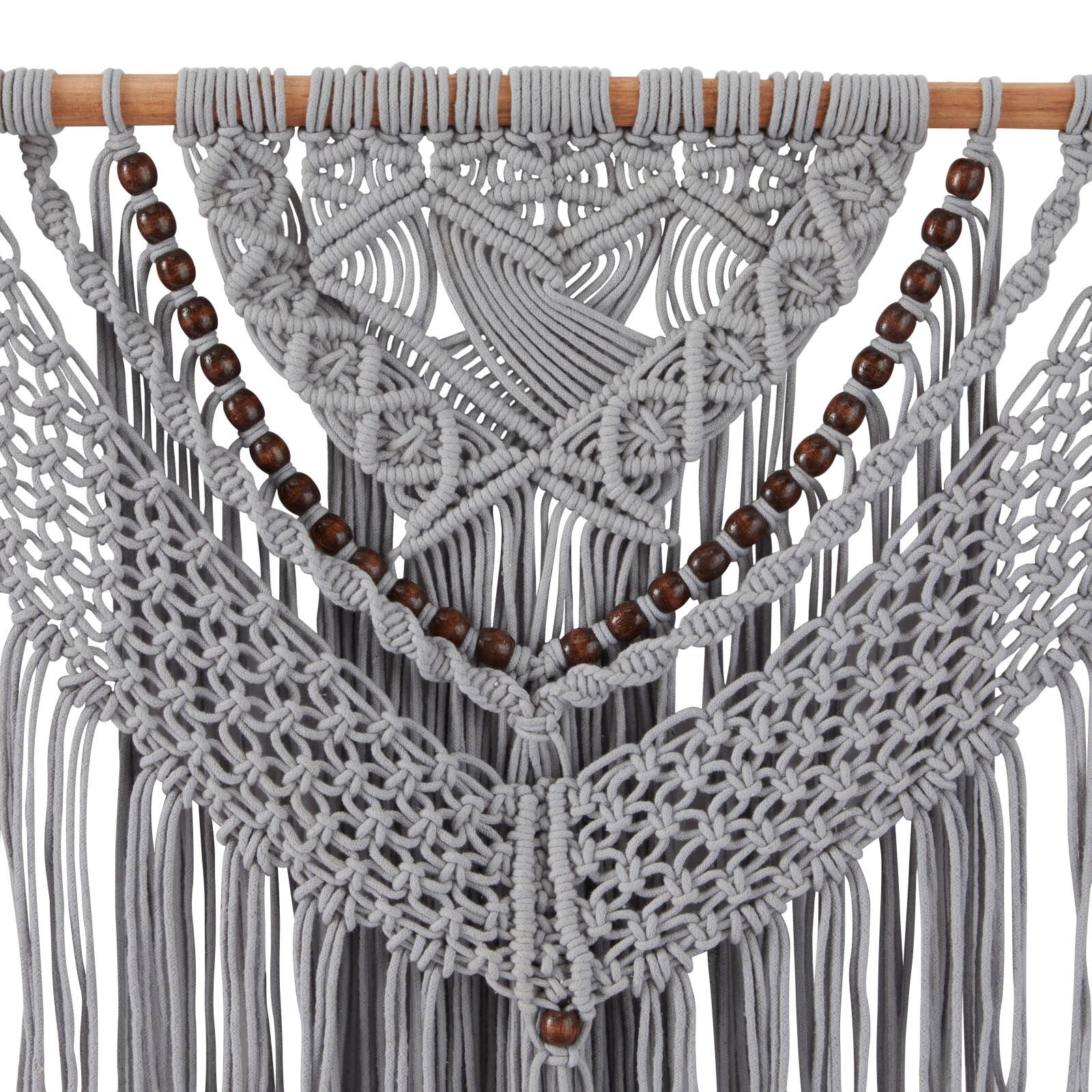 Gray Cotton Handmade Intricately Weaved Macrame Wall Decor with Beaded Fringe Tassels 36" x 1" x 46"