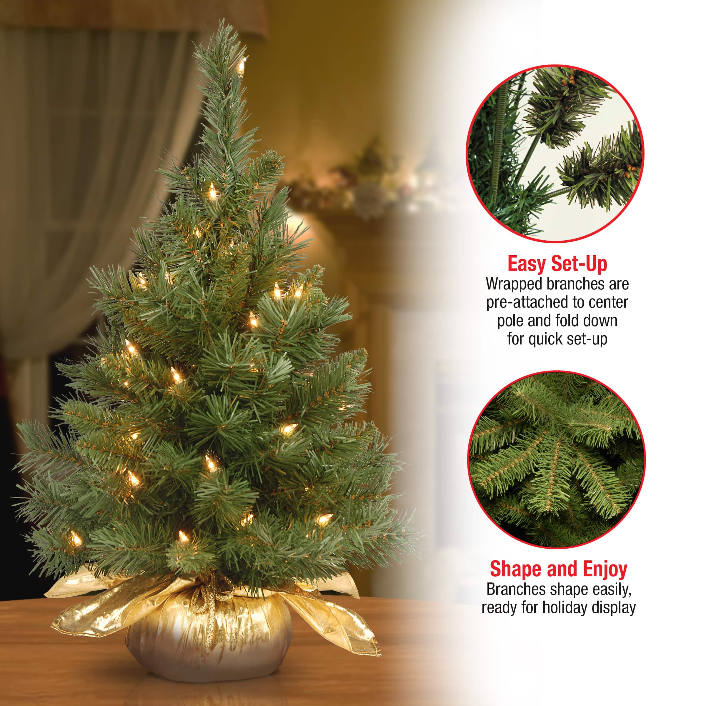 24&#x22; Pre-Lit Majestic Fir Tree In Gold Cloth Bag, Clear Lights