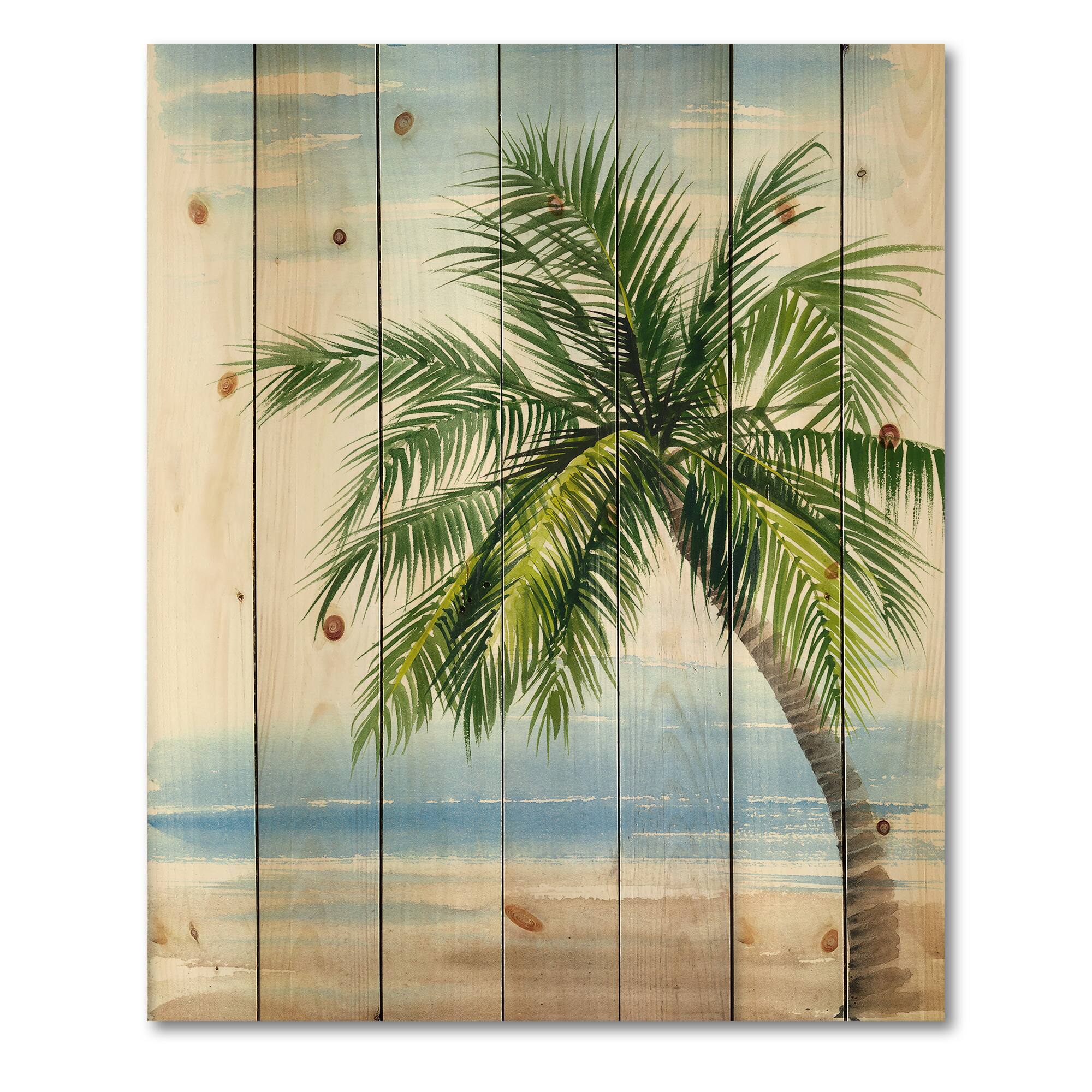 Designart - Palm Tree At The Beach Resort - Nautical &#x26; Coastal Print on Natural Pine Wood