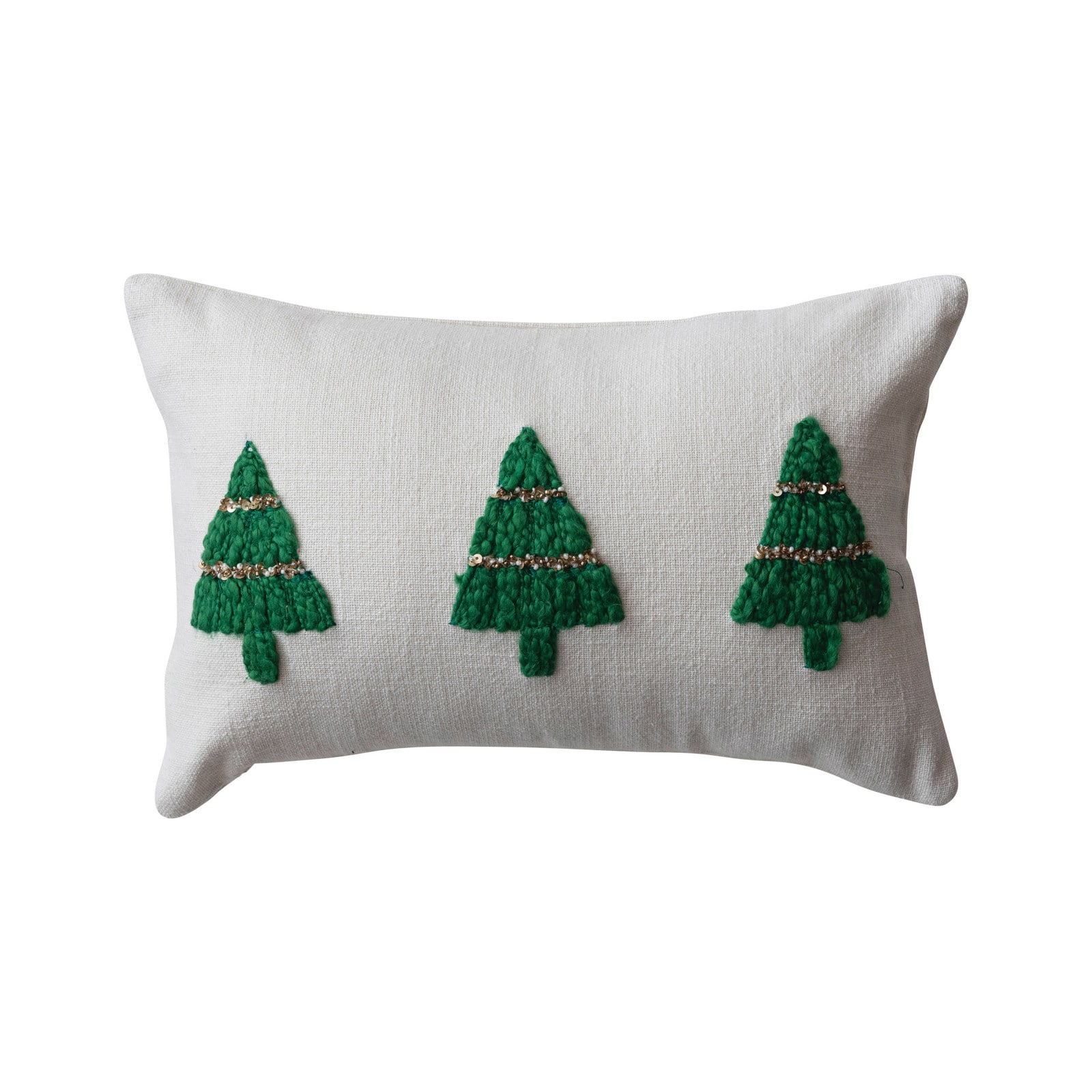 Hello Honey® 14" x 9" Natural & Green Embroidered Christmas Trees Cotton Slub Lumbar Pillow