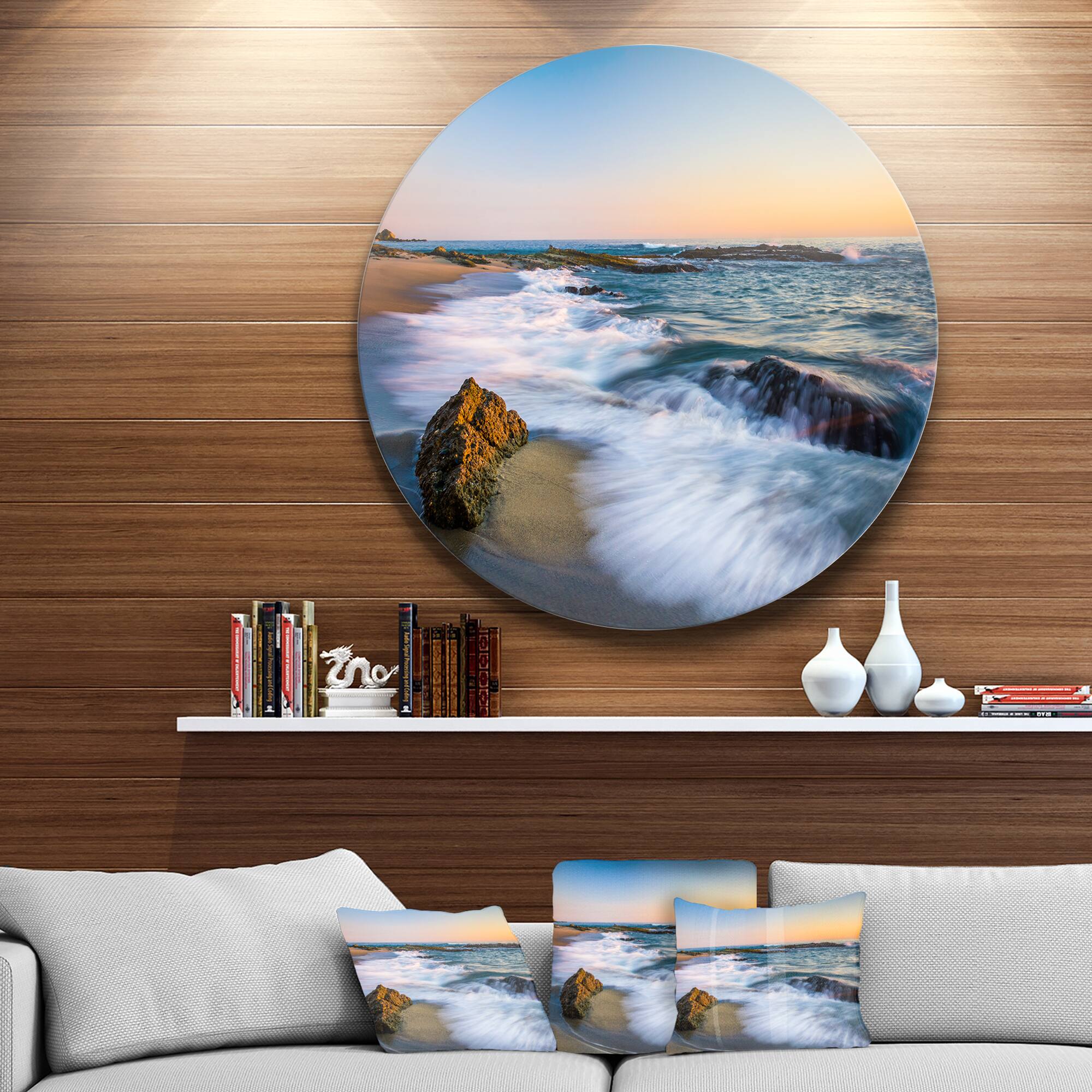 Designart - White Waves Crashing on Rocks&#x27; Seascape Metal Circle Wall Art
