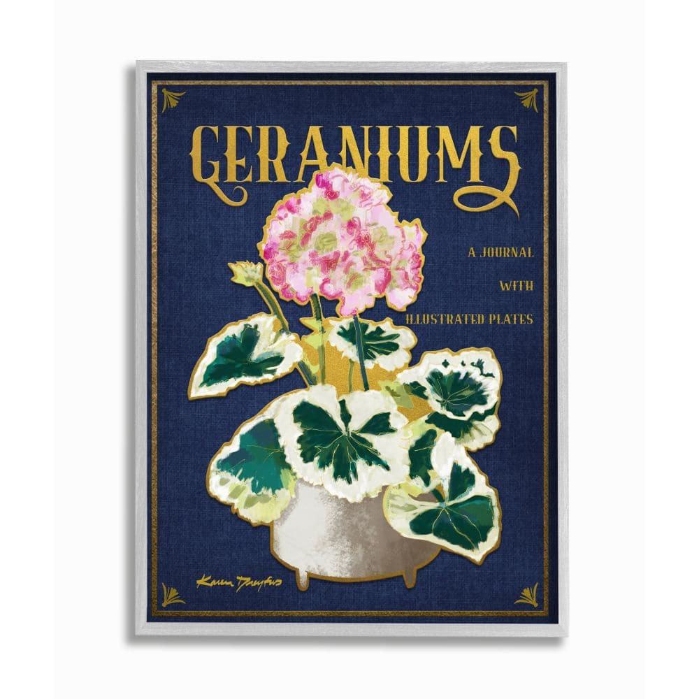 Stupell Industries Geraniums Blue Gold Flower Word Design in Gray Frame Wall Art