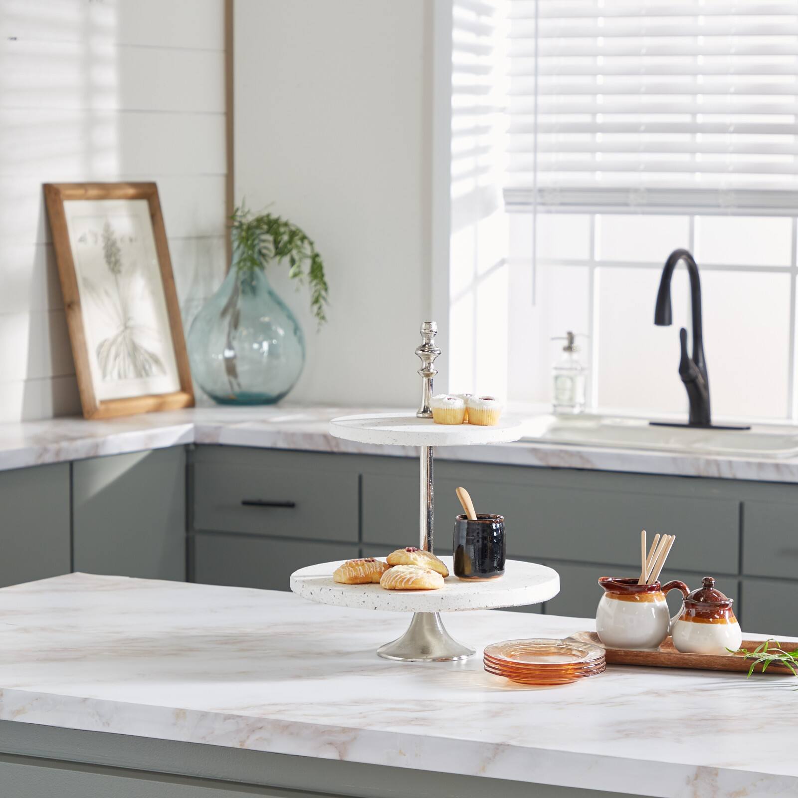 White Stoneware &#x26; Aluminum 2 Tier Tray Stand