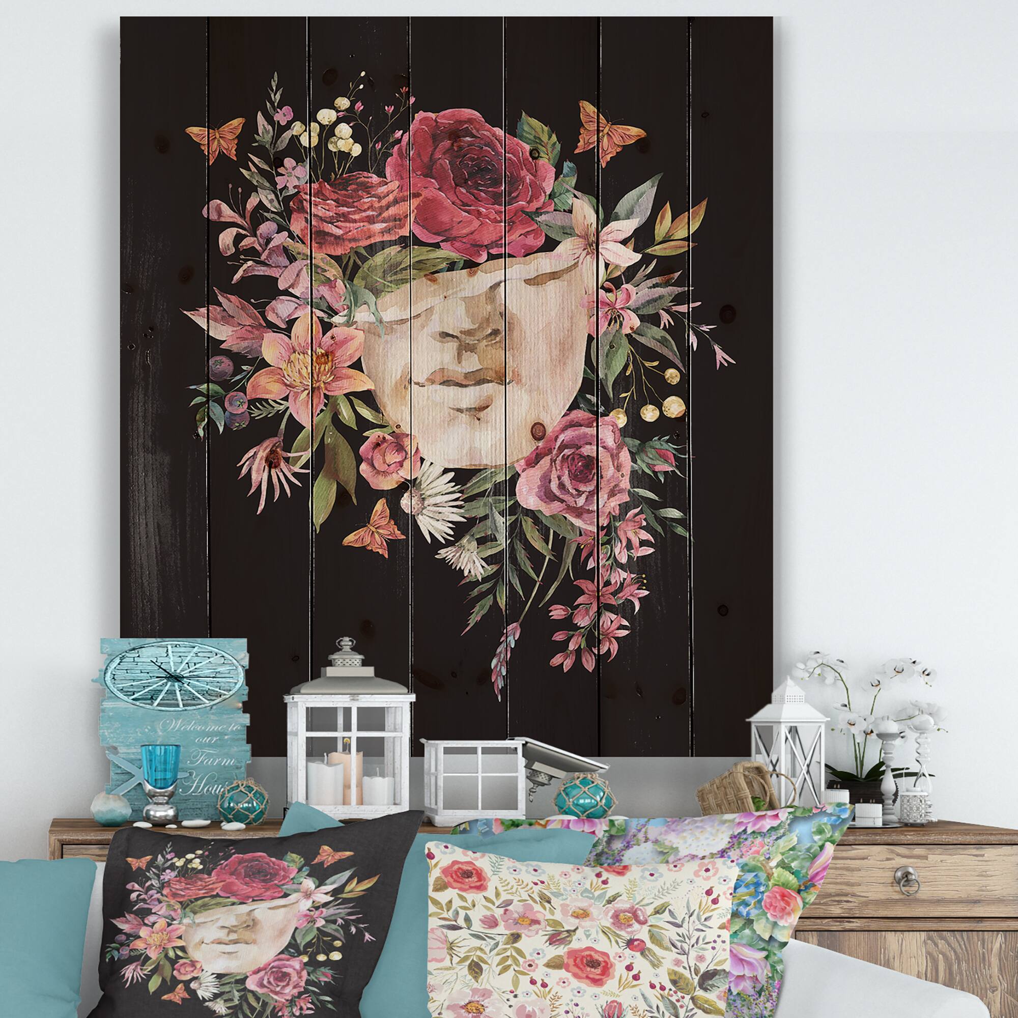 Designart - Vintage Greek Sculpture Detail With Dry Flowers - Traditional Print on Natural Pine Wood