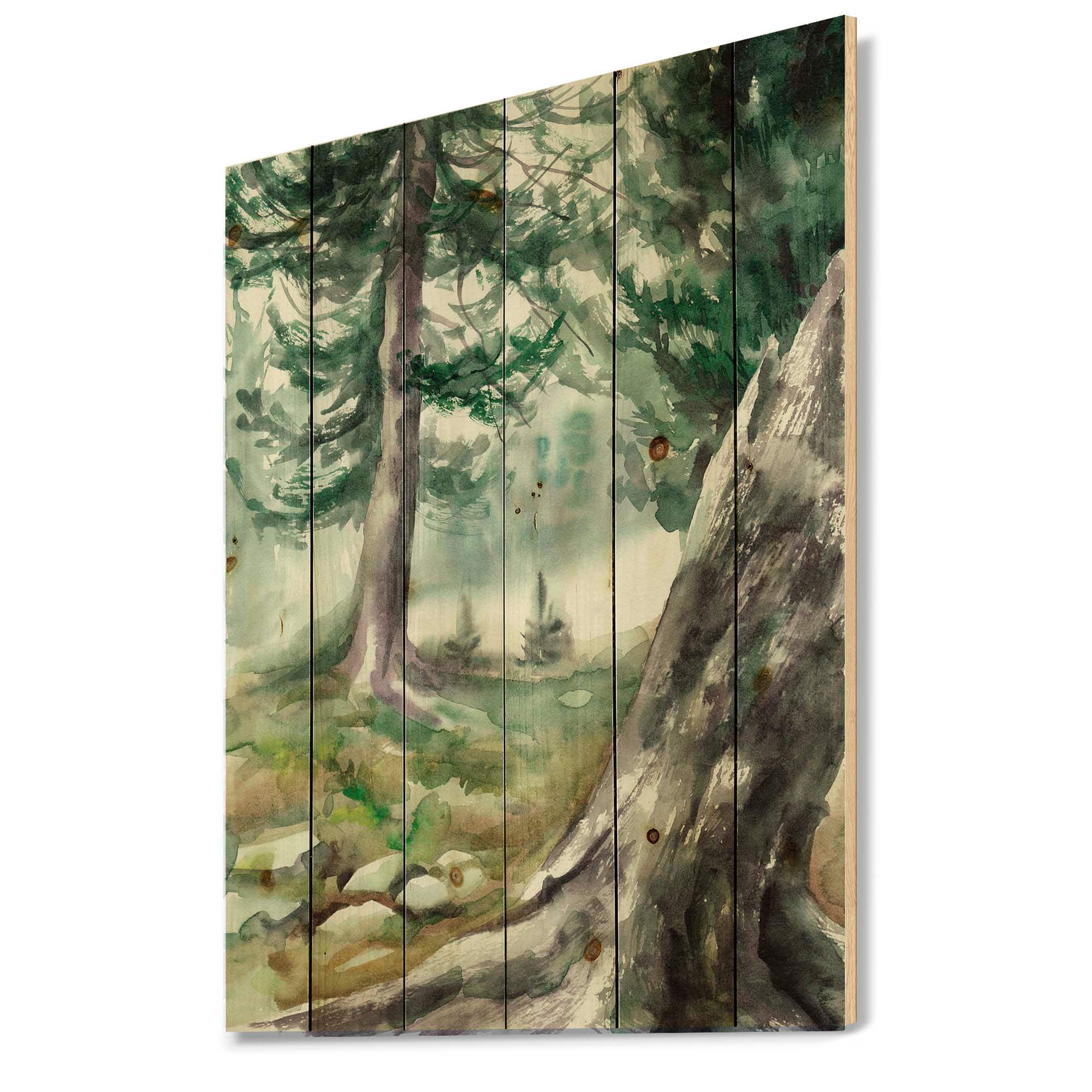 Designart - Pine Forest In The Early Morning - Lake House Print on Natural Pine Wood