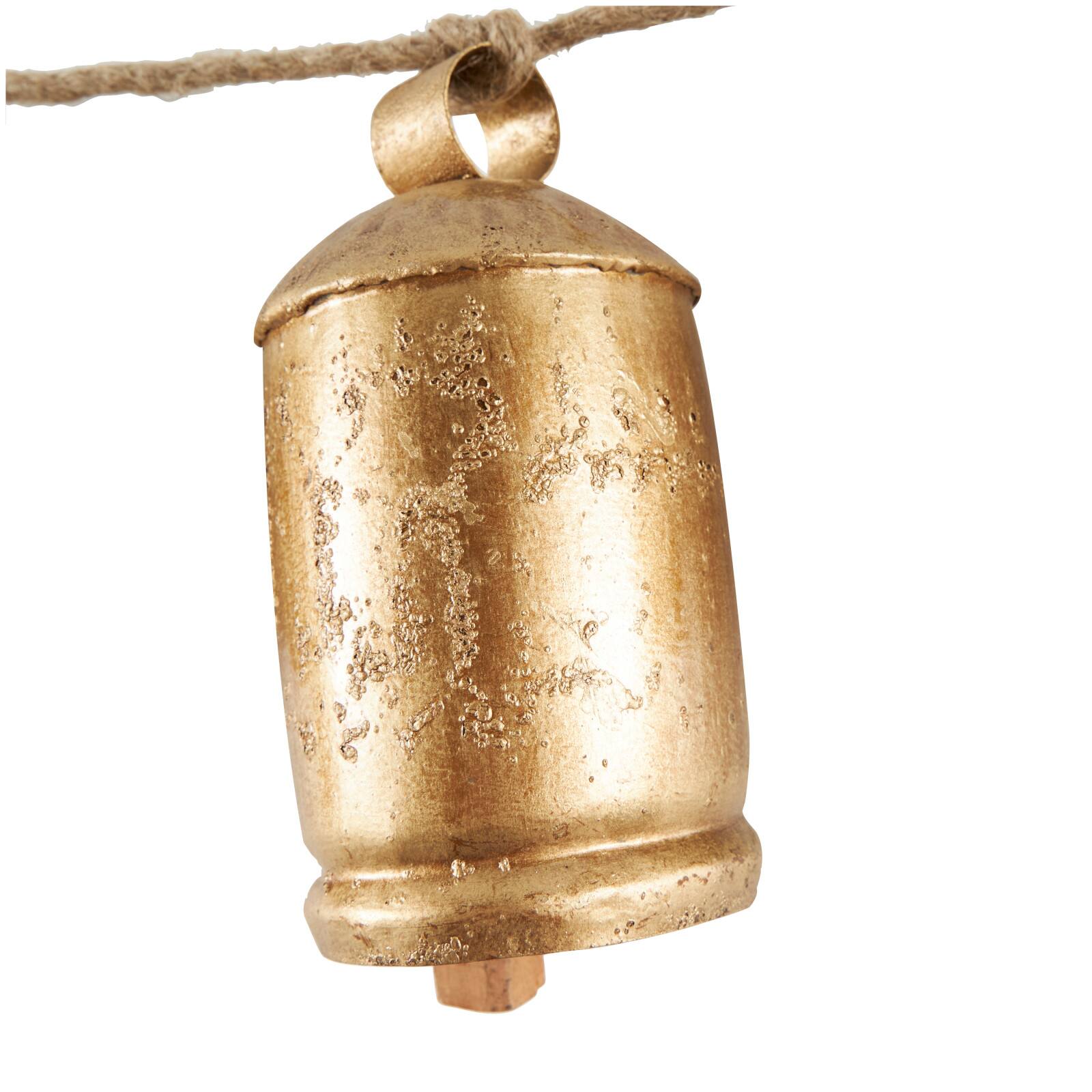 Gold Metal Tibetan Inspired String Hanging Decorative Cow Bells with Jute Hanging Rope