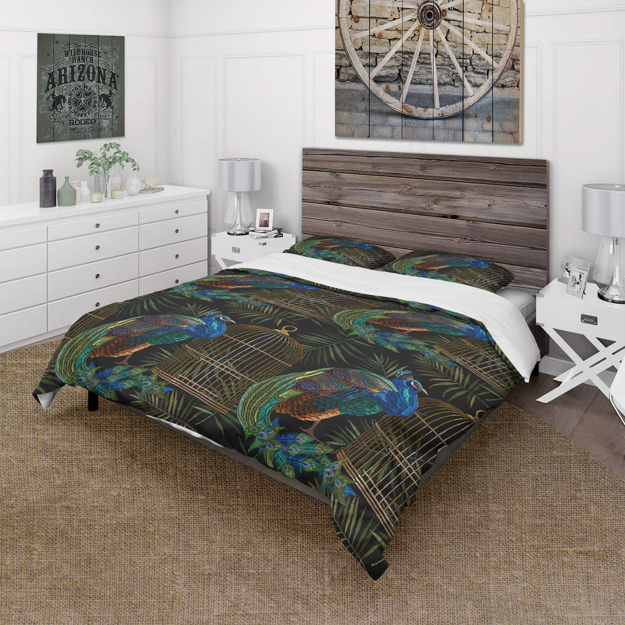Designart &#x27;Tails of Peacocks and Birds Cage&#x27; Farmhouse Bedding Set - Duvet Cover &#x26; Shams