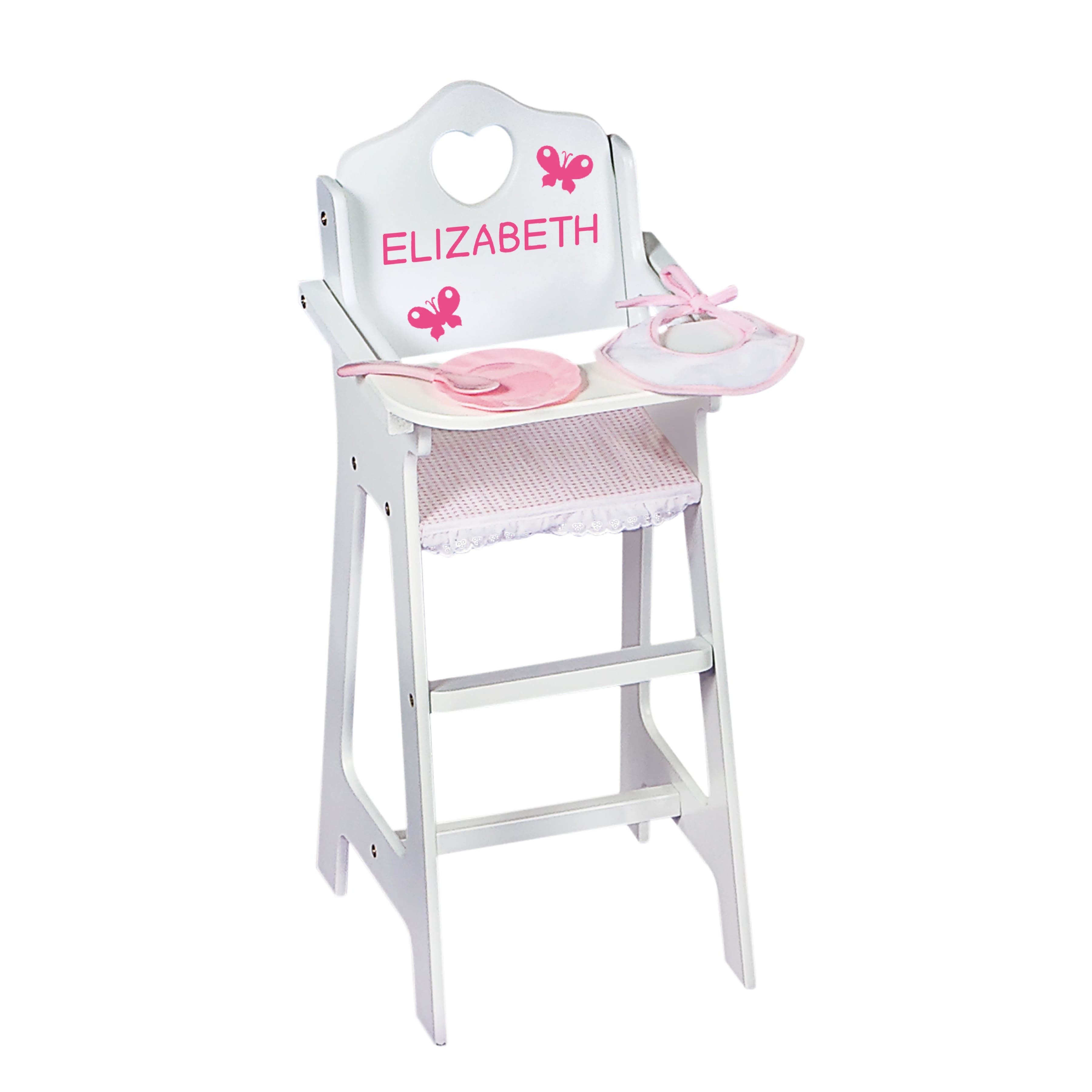 Badger Basket White & Pink Gingham Doll High Chair with Accessories