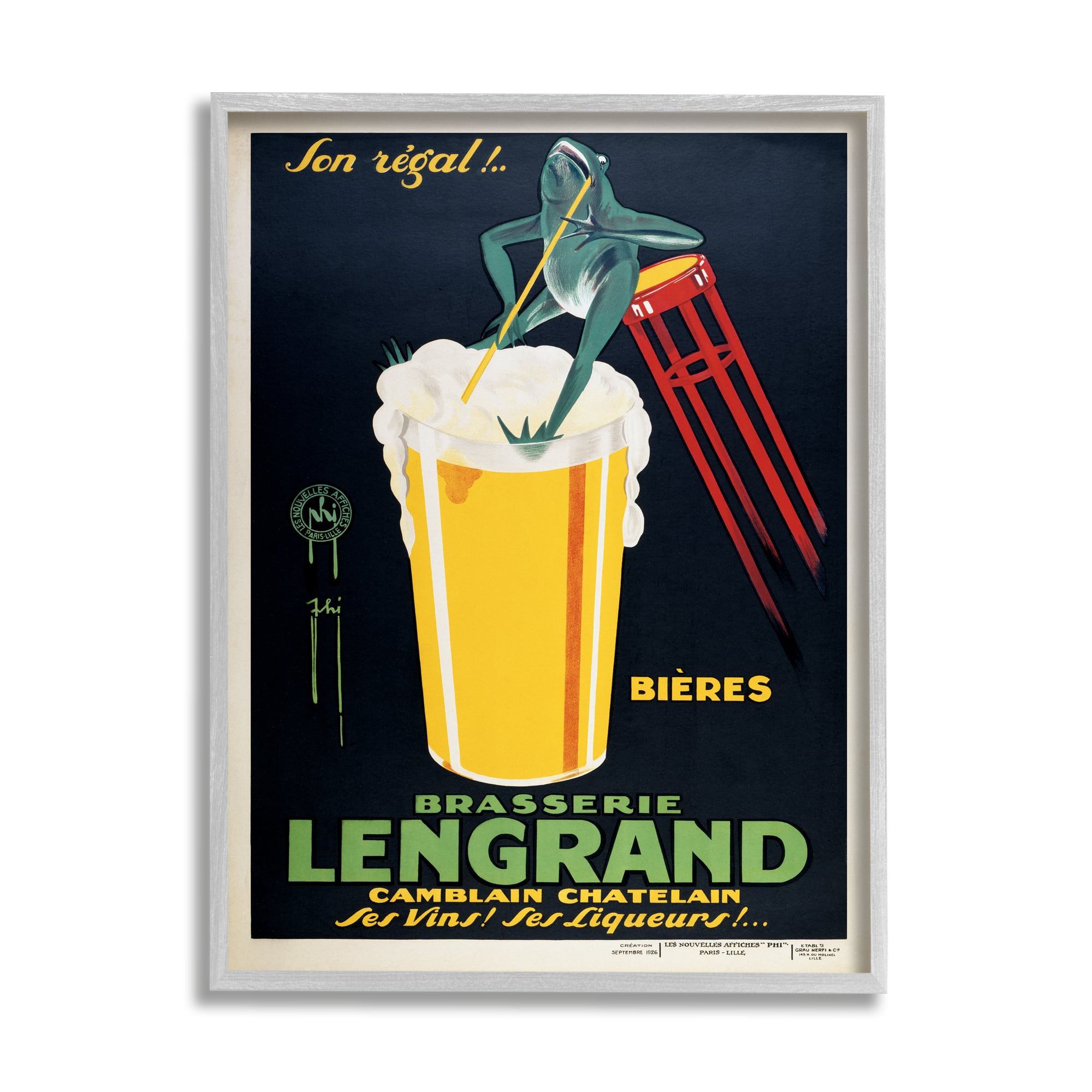 Stupell Industries Vintage Brasserie Lengrand European Advertisement Frog Beer in Gray Frame Wall Art