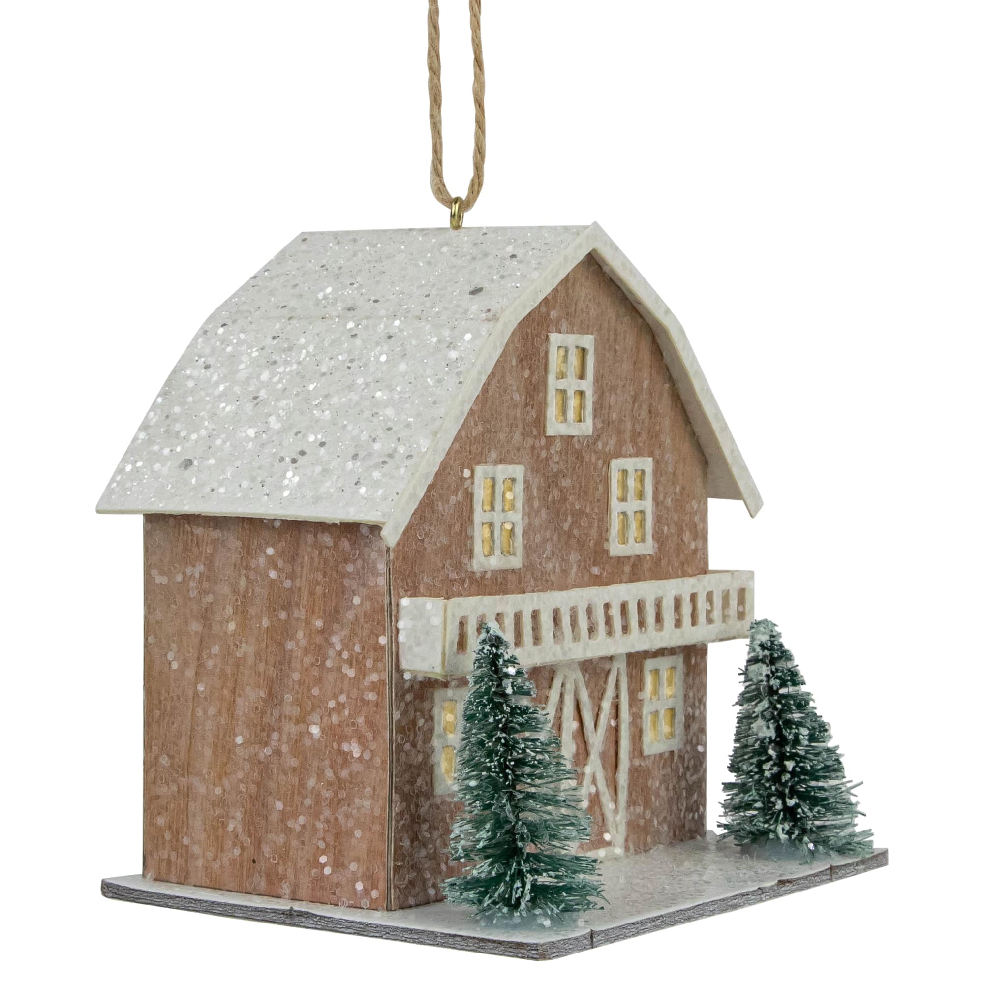 4&#x22; Battery Operated Lighted Rustic House with Trees Christmas Ornament