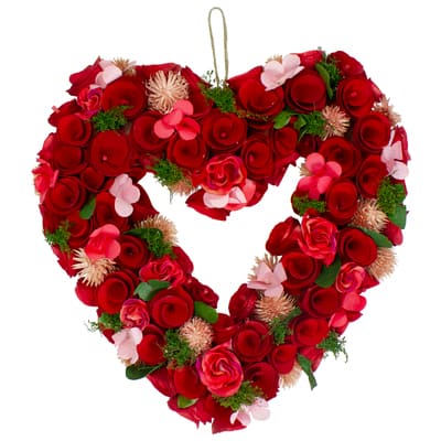 Red Wooden Rose Floral Heart Shaped Artificial Valentine's Day Wreath ...