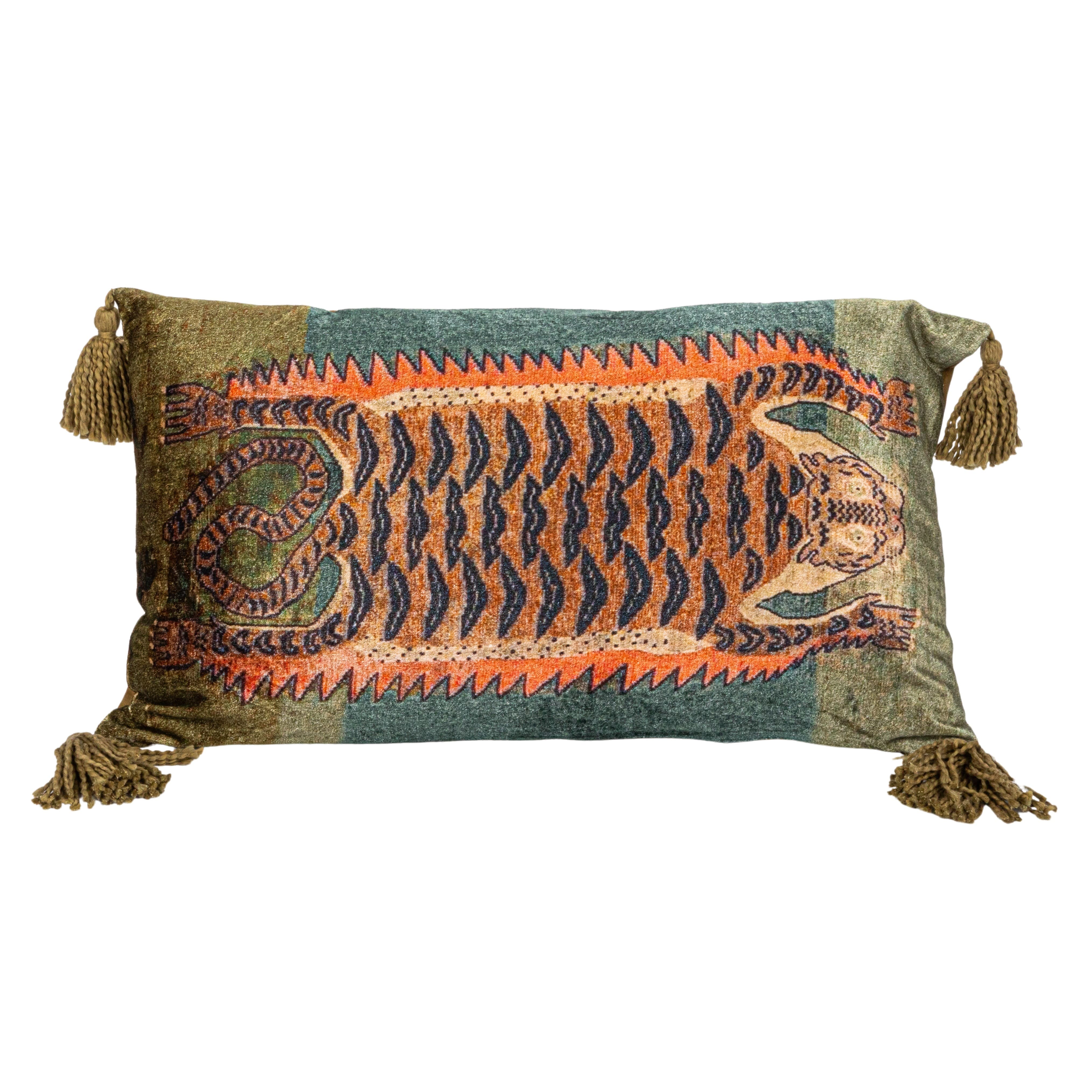 24&#x22; Multicolor Tiger Cotton Velvet Lumbar Pillow with Tassels