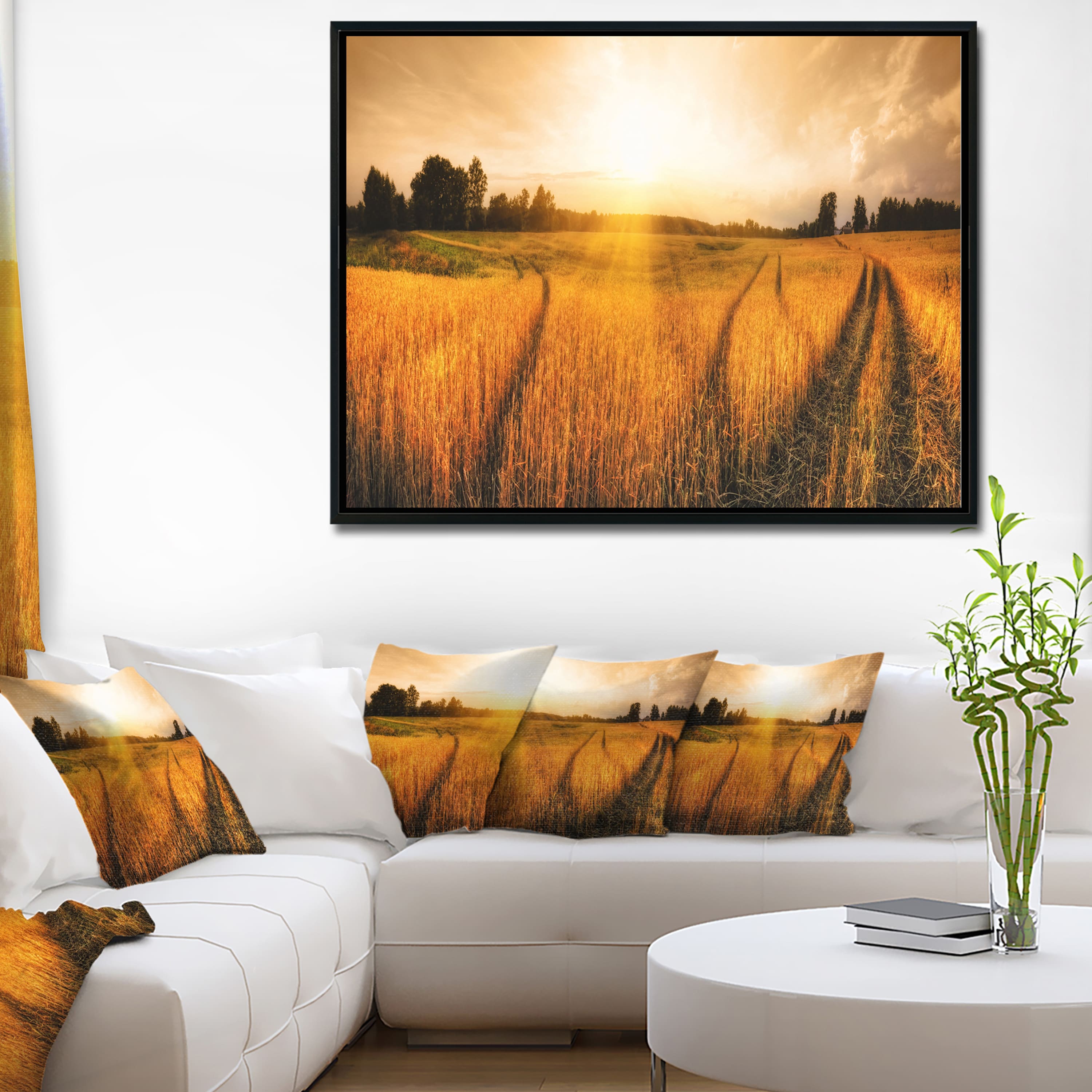 Designart - Wheat Field at Sunset Panorama - Photography Canvas Art Print in Black Frame