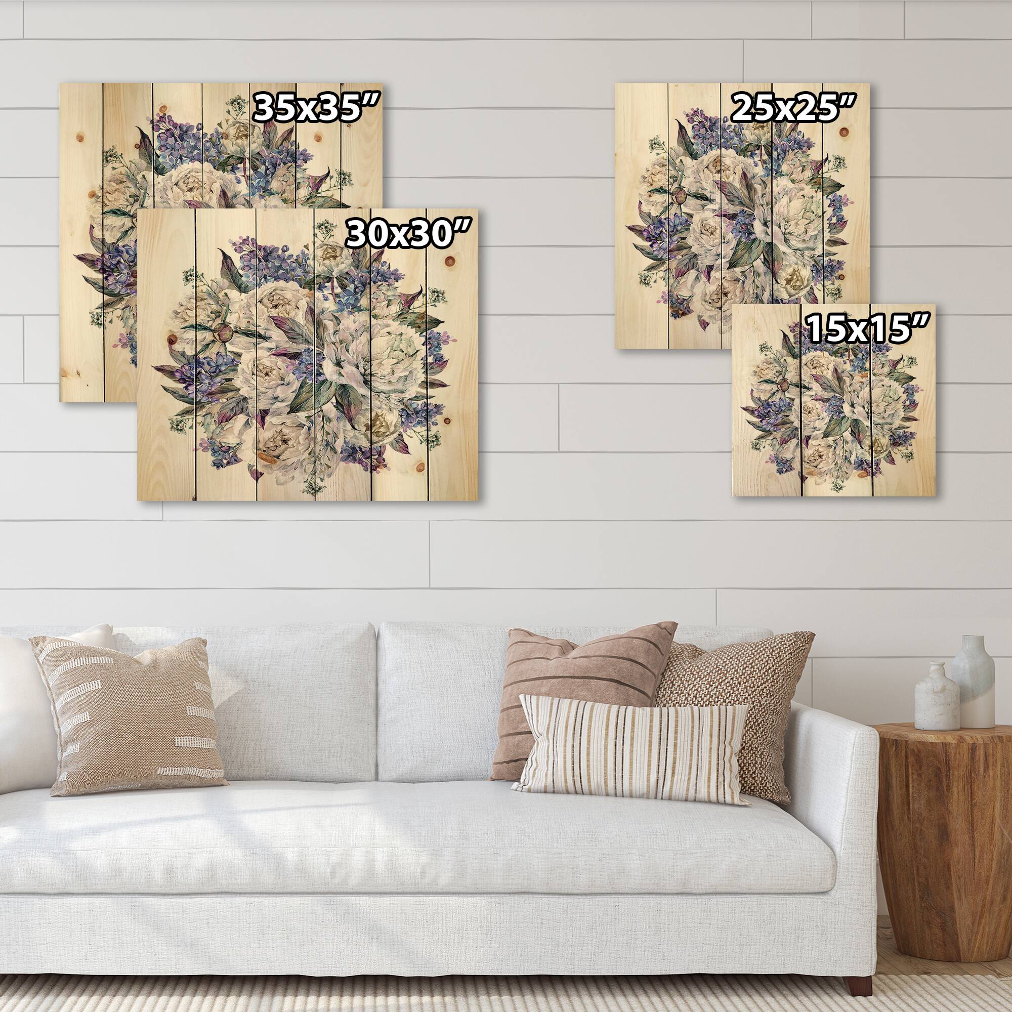 Designart - Bouquet Peonies In White and Blue - Traditional Print on Natural Pine Wood