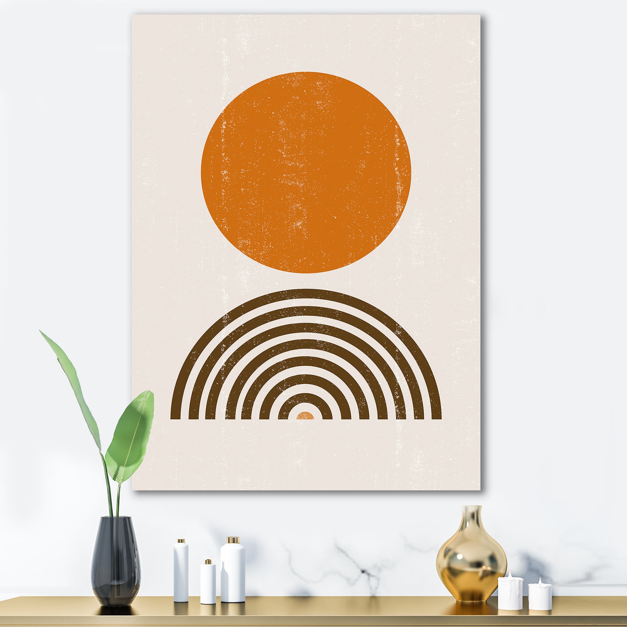 Designart - Abstract Minimal Orange Sun and Rainbow I - Modern Canvas Wall Art Print