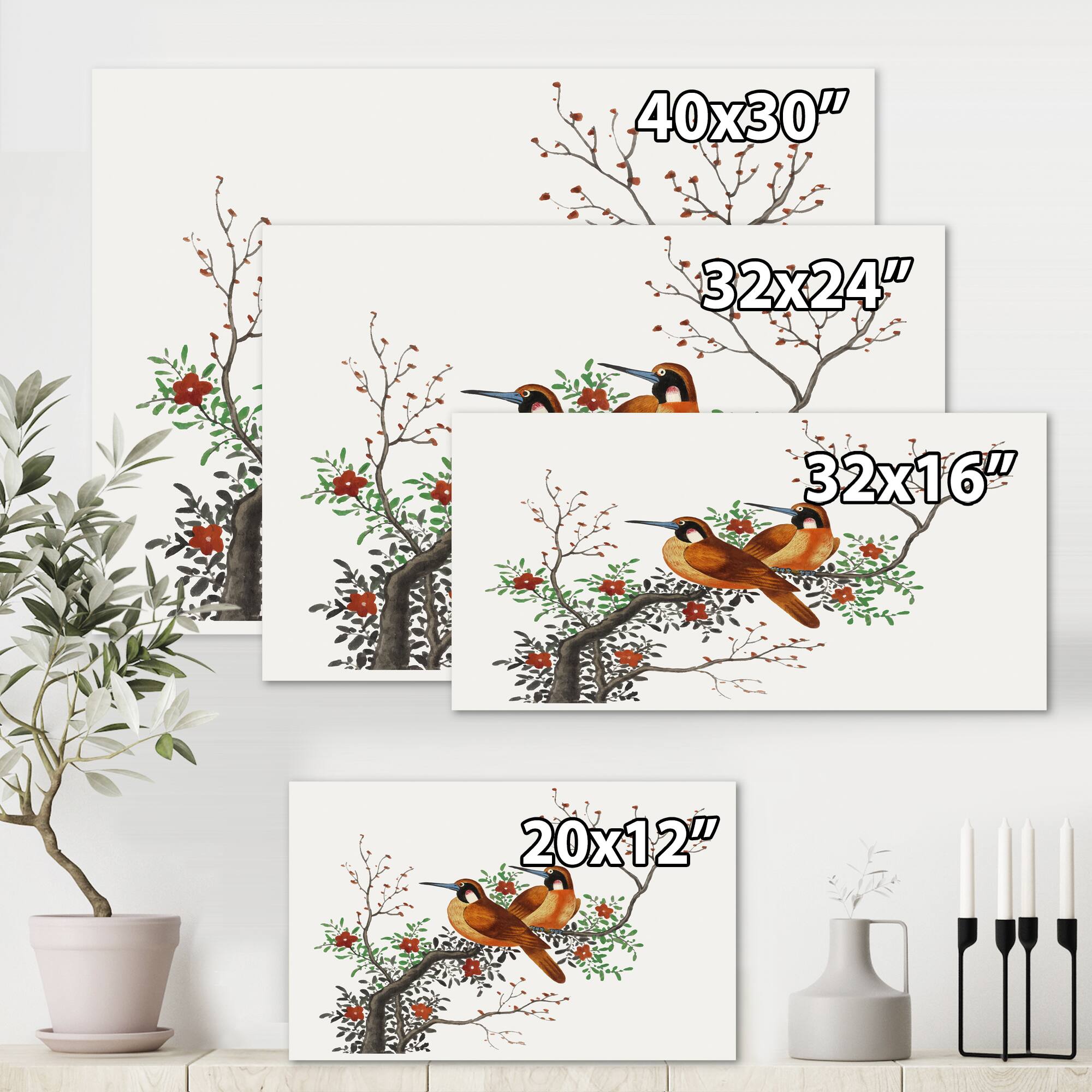 Designart - Two Chinese Birds On A Flowering Tree Branch - Traditional Canvas Wall Art Print