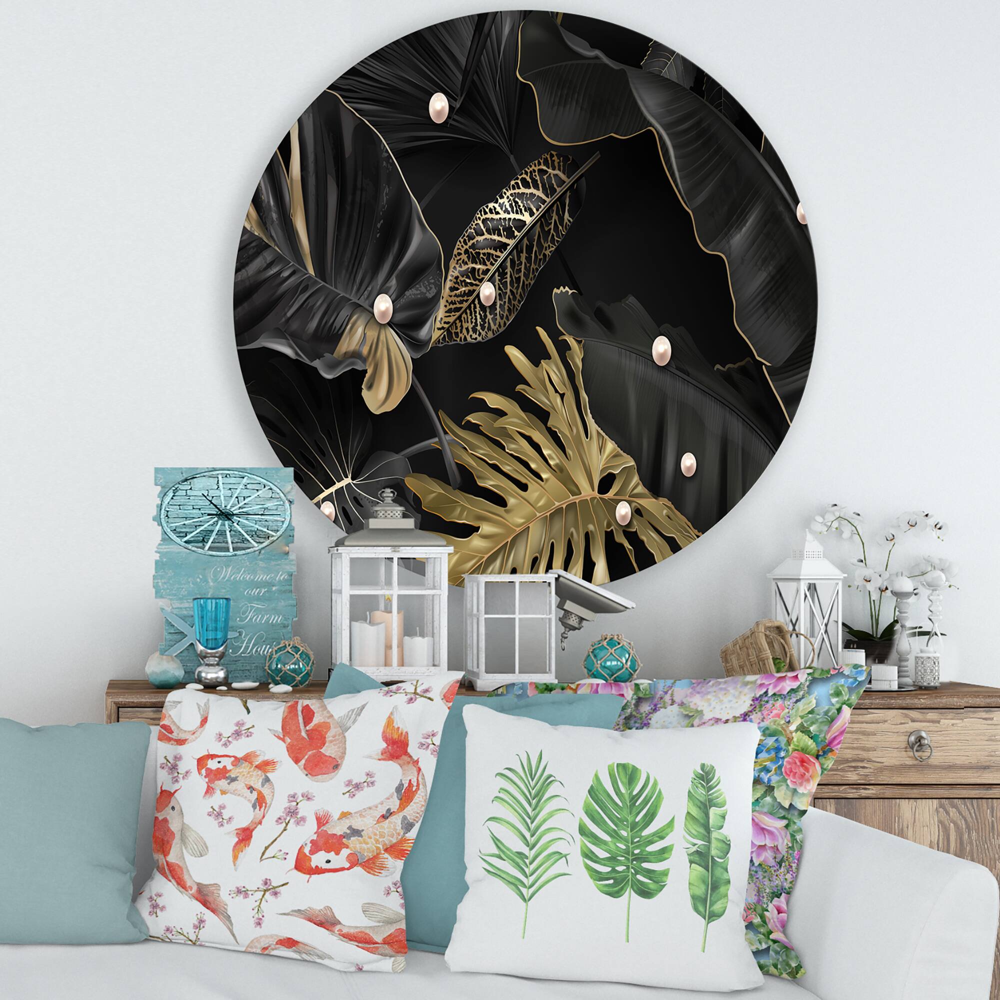 Designart - Black and Gold Tropical Leaves III - Modern Metal Circle Wall Art