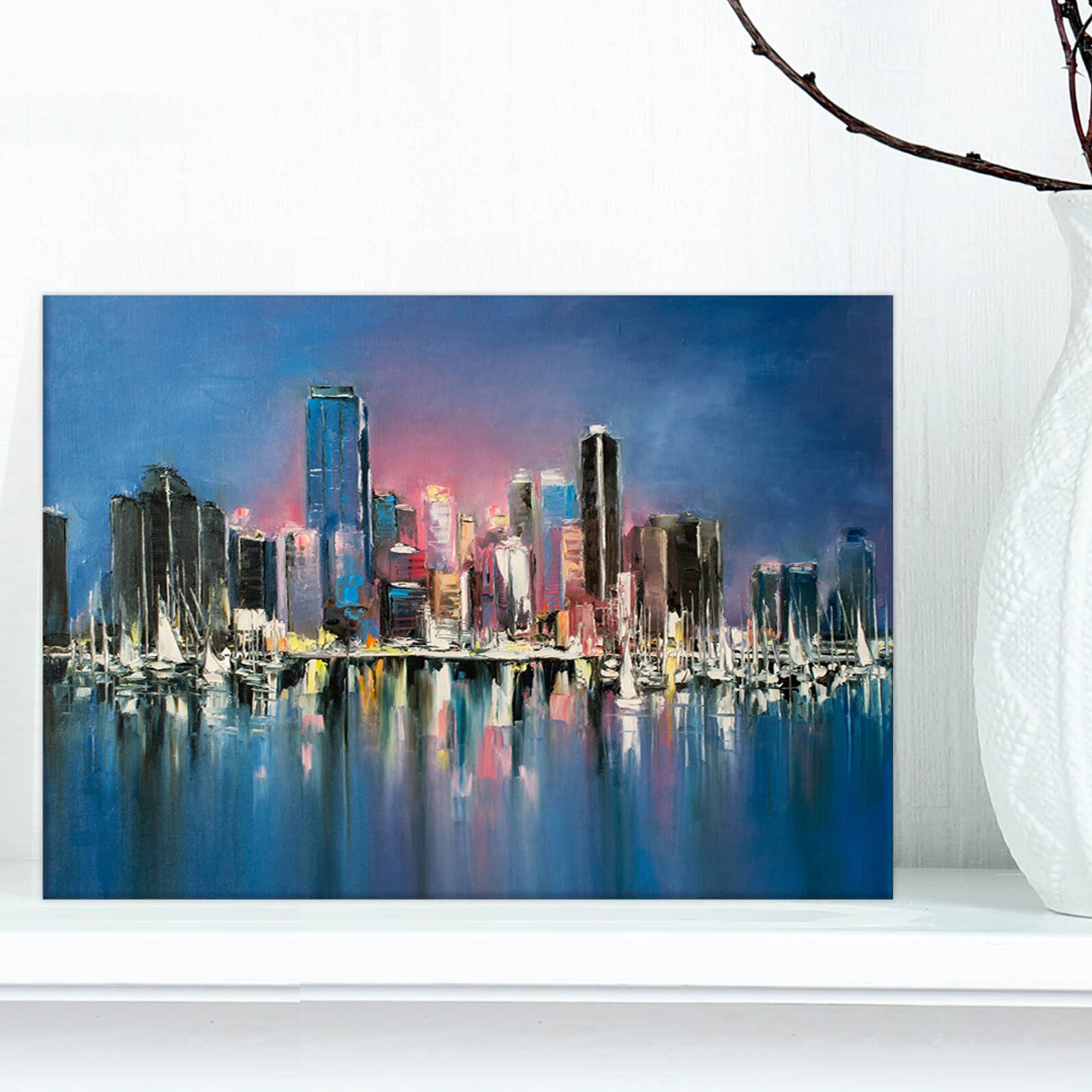 Designart - Coastal City Fantasy Night Scene in Oil Painting - Cityscapes Painting Print on Wrapped Canvas