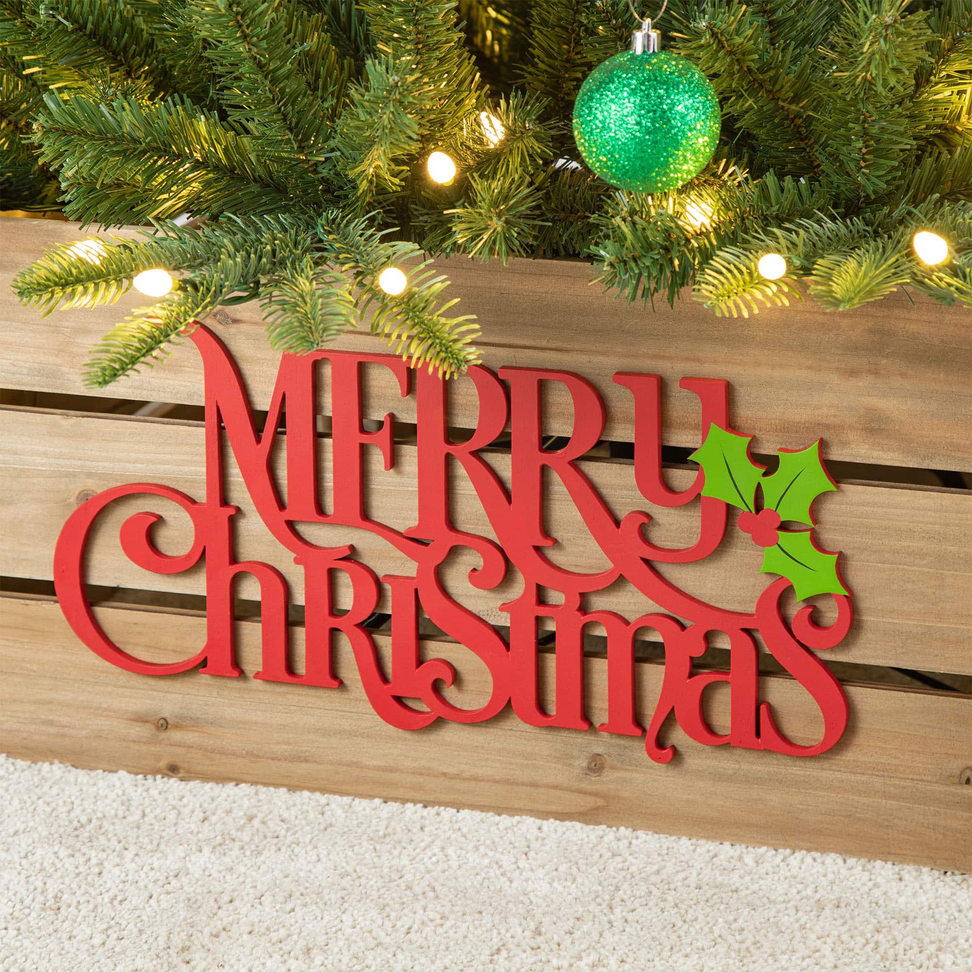 Glitzhome&#xAE; Merry Christmas Wood Crate Tree Collar