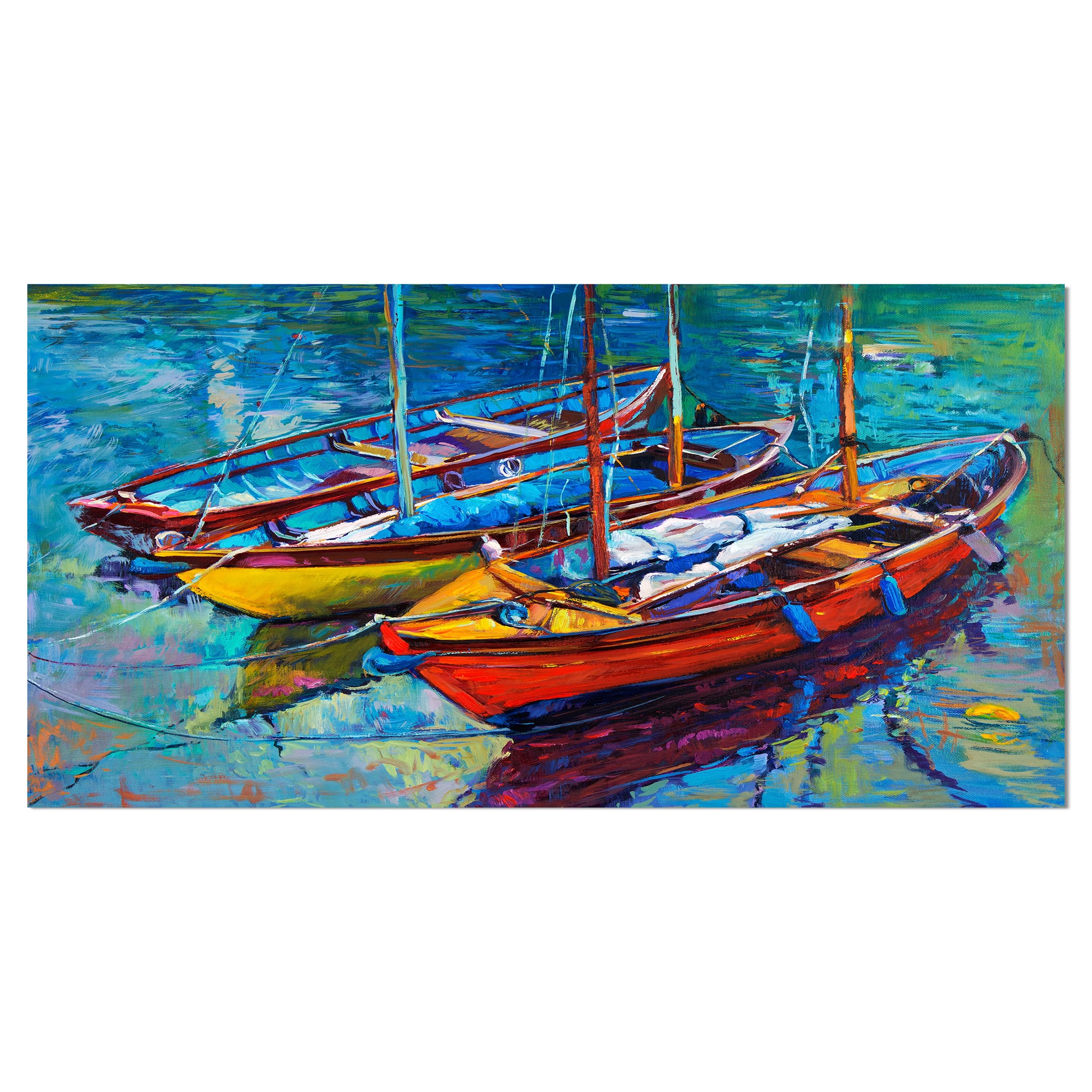 Designart - Three Fishing Boat Oil Painting - Sea & Shore Painting Print on Wrapped Canvas